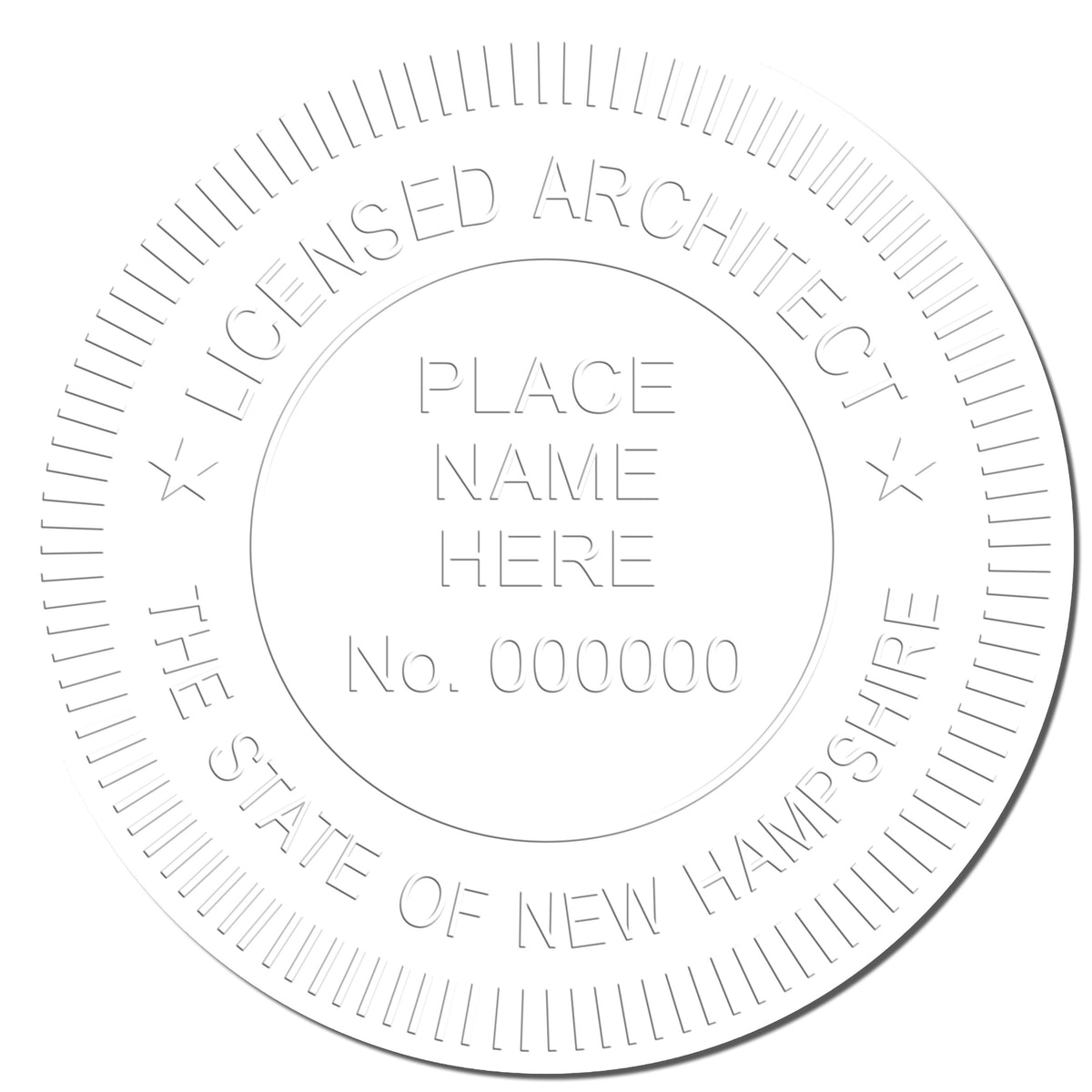 A photograph of the Handheld New Hampshire Architect Seal Embosser stamp impression reveals a vivid, professional image of the on paper.