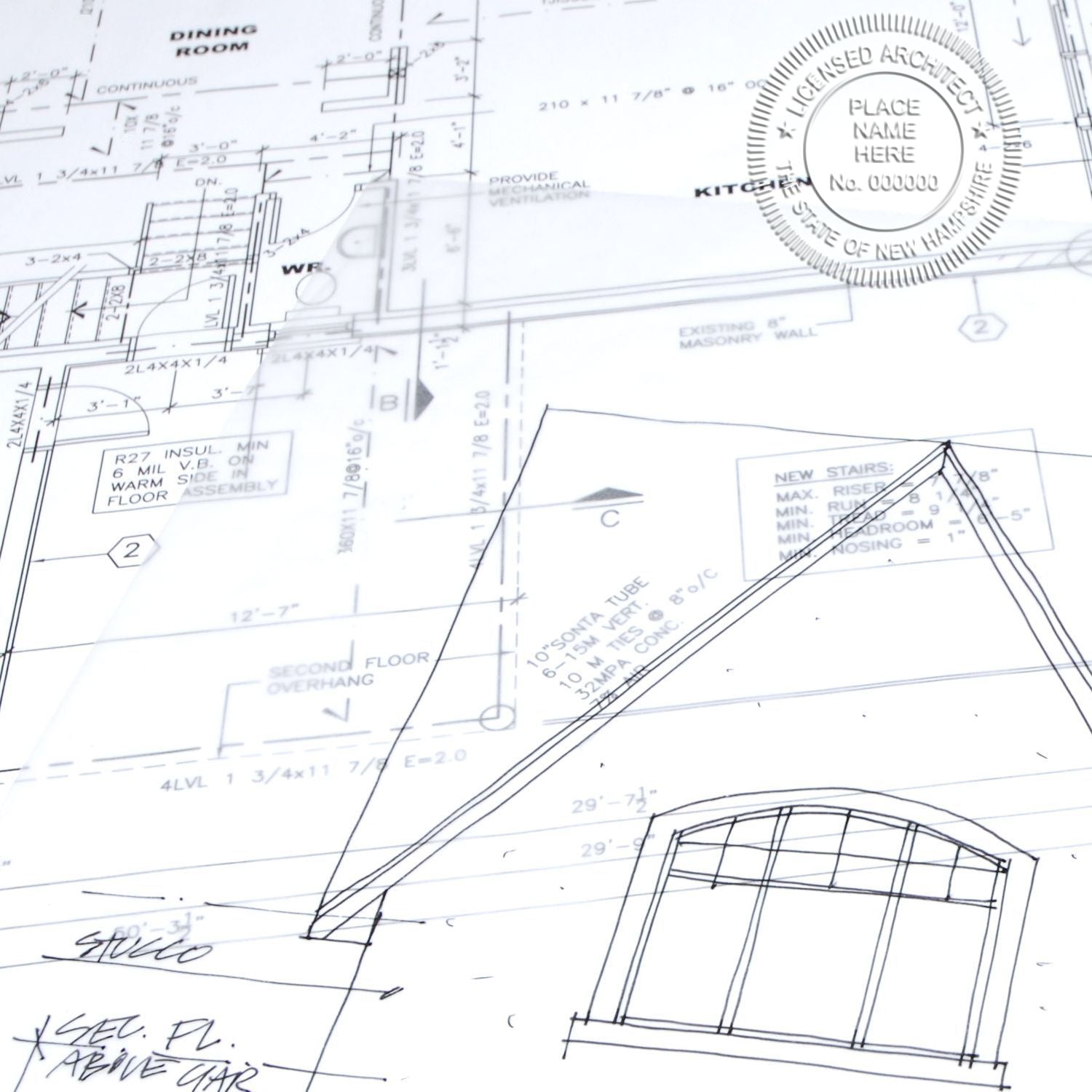 An alternative view of the Gift New Hampshire Architect Seal stamped on a sheet of paper showing the image in use