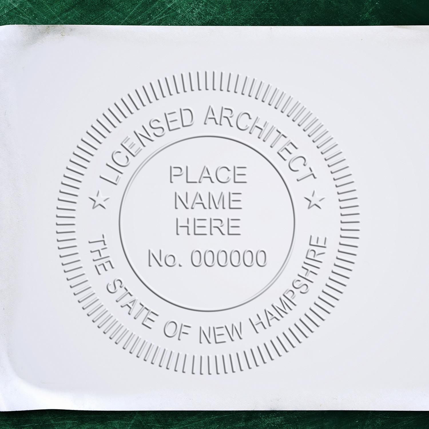 The main image for the Handheld New Hampshire Architect Seal Embosser depicting a sample of the imprint and electronic files