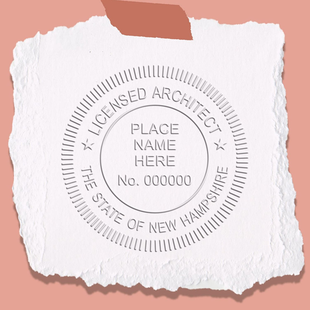 An in use photo of the Hybrid New Hampshire Architect Seal showing a sample imprint on a cardstock