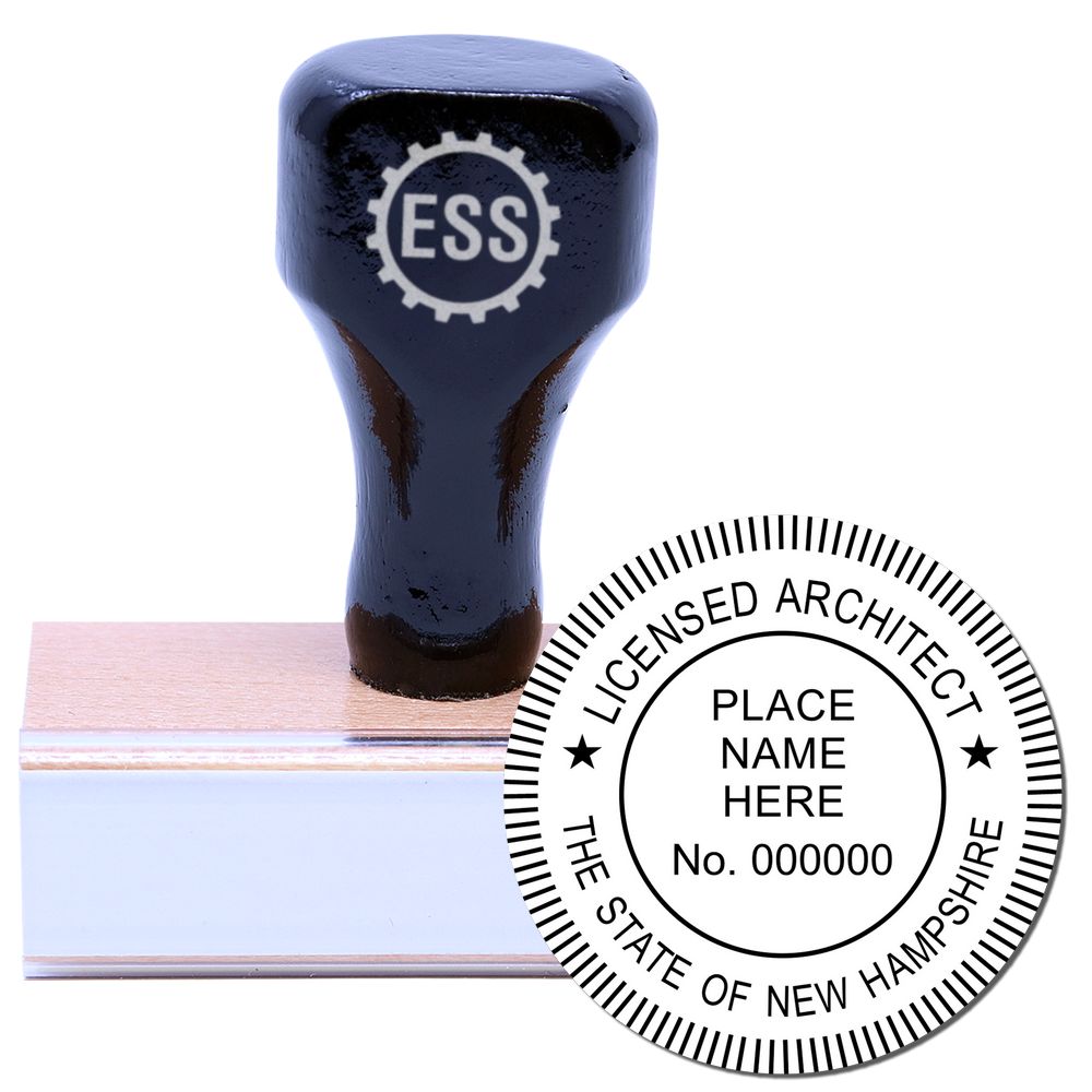 New Hampshire Architect Seal Stamp with wooden handle and rubber base, featuring Licensed Architect and customizable text.