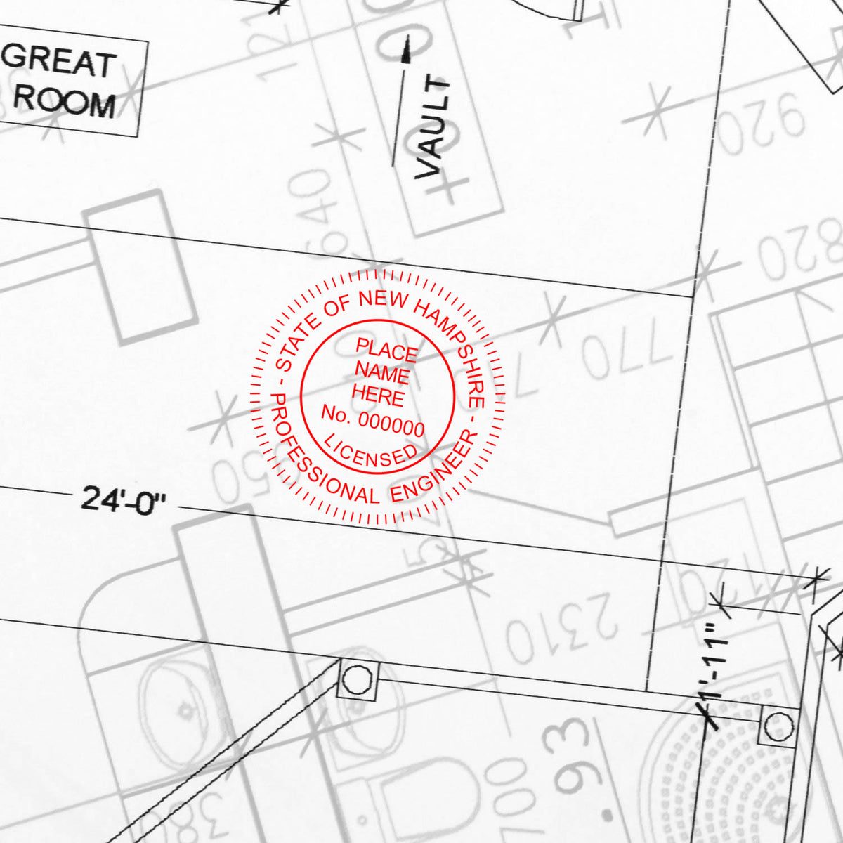 Another Example of a stamped impression of the Premium MaxLight Pre-Inked New Hampshire Engineering Stamp on a piece of office paper.