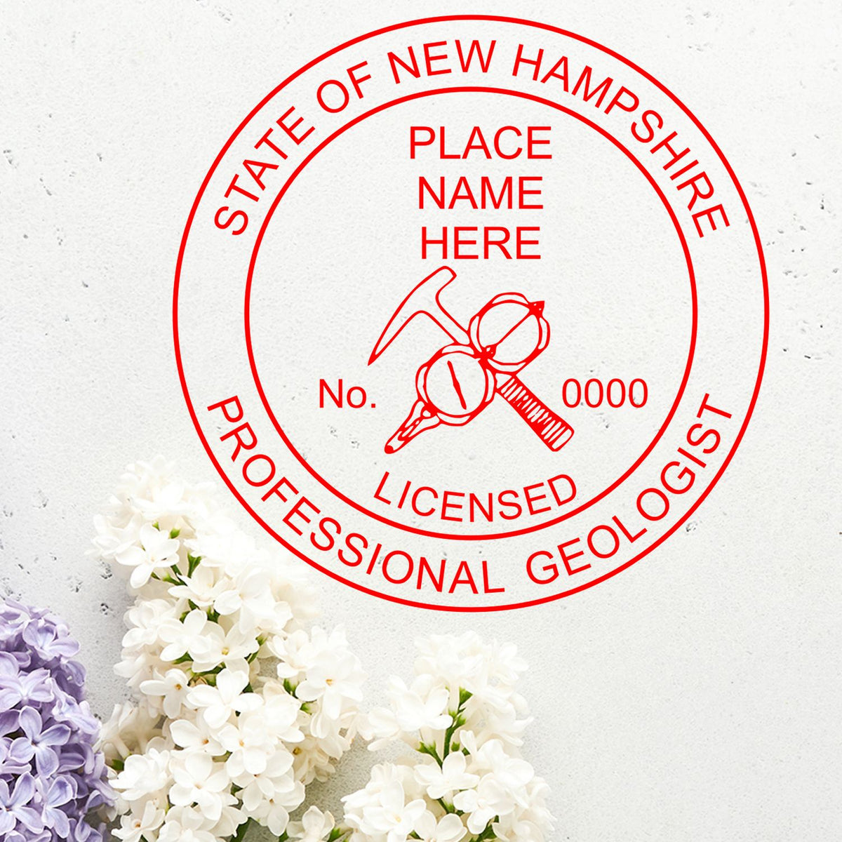 A lifestyle photo showing a stamped image of the New Hampshire Professional Geologist Seal Stamp on a piece of paper