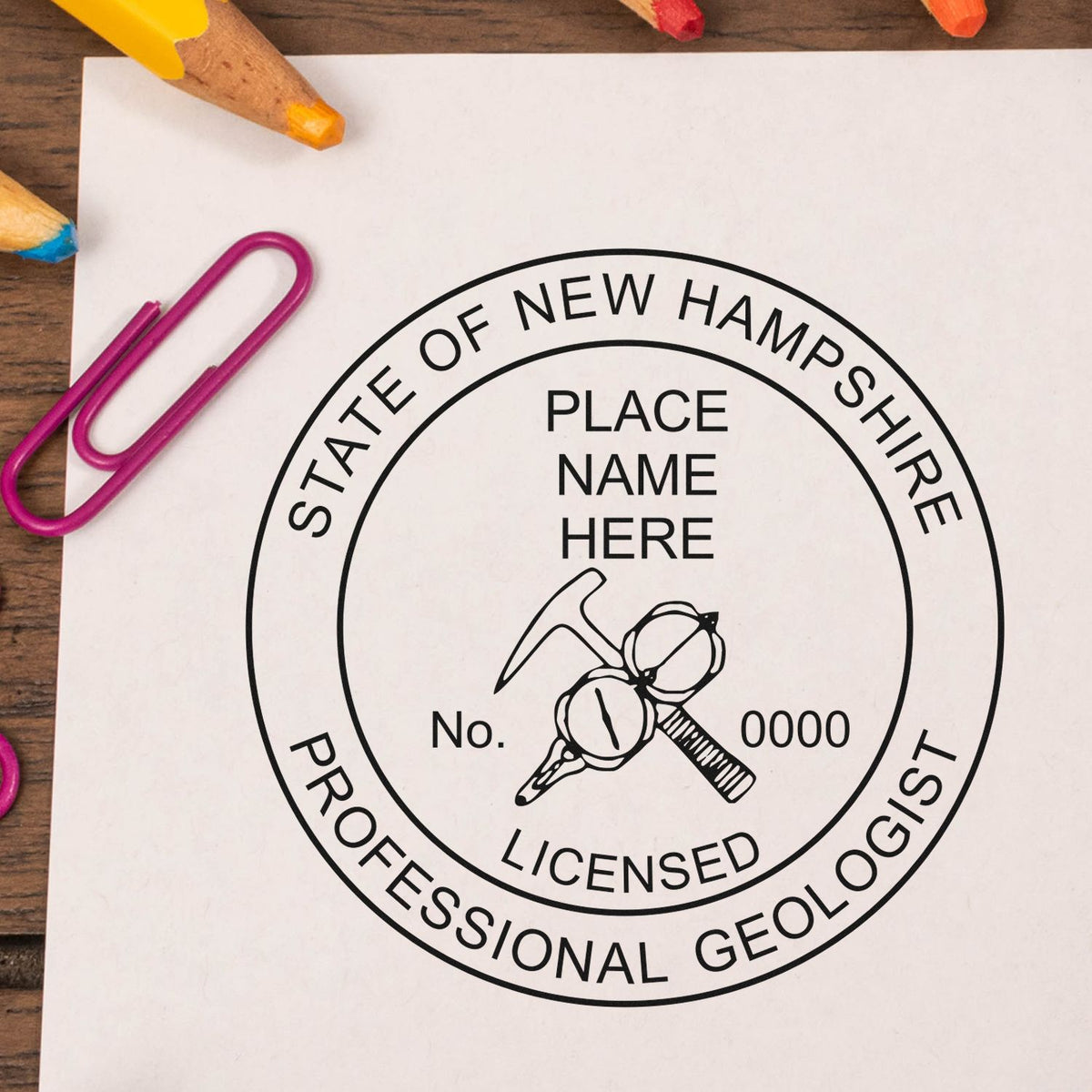A photograph of the Digital New Hampshire Geologist Stamp, Electronic Seal for New Hampshire Geologist stamp impression reveals a vivid, professional image of the on paper.
