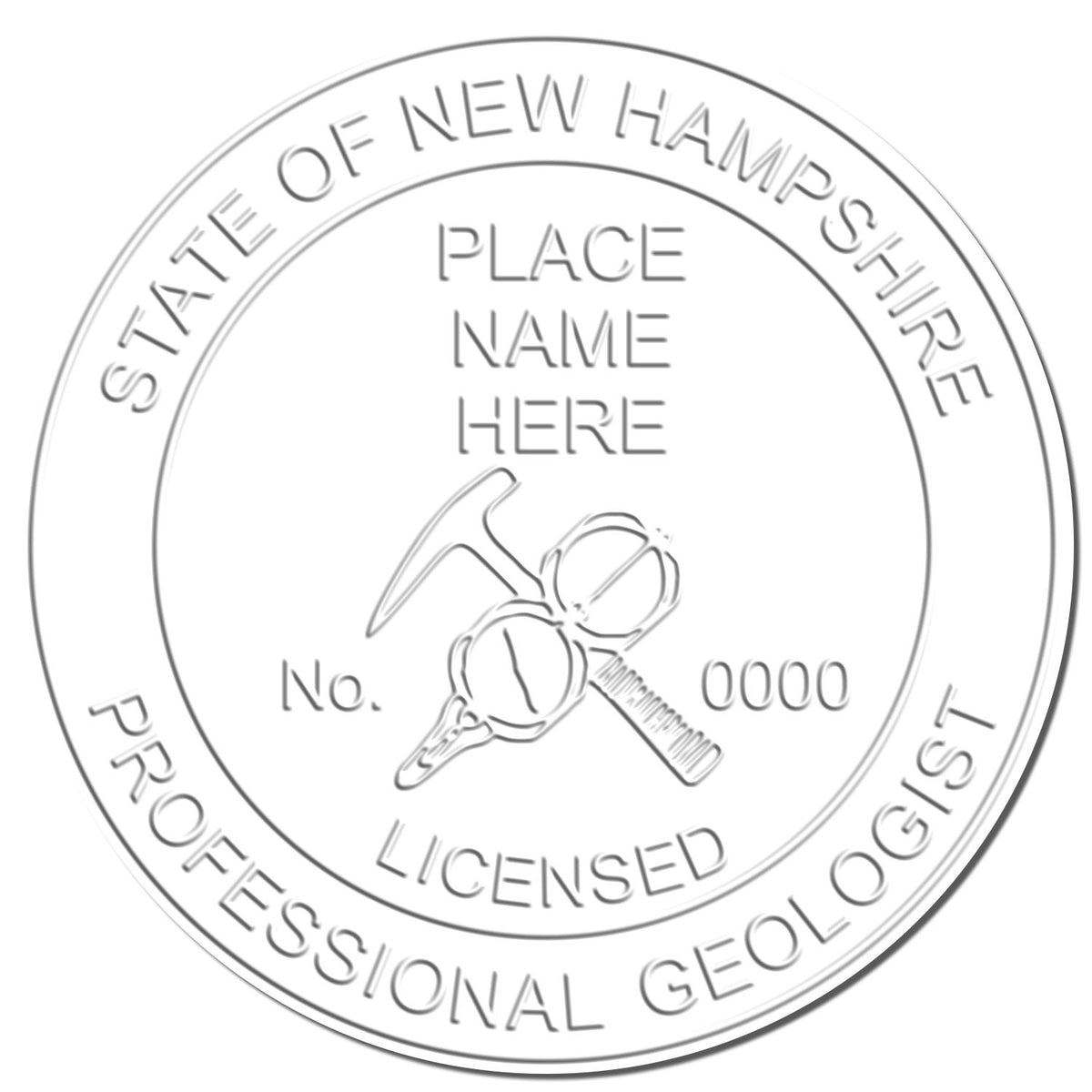 This paper is stamped with a sample imprint of the Handheld New Hampshire Professional Geologist Embosser, signifying its quality and reliability.