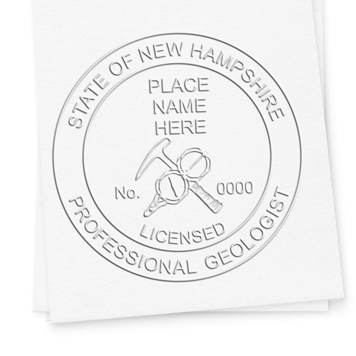 A lifestyle photo showing a stamped image of the Handheld New Hampshire Professional Geologist Embosser on a piece of paper