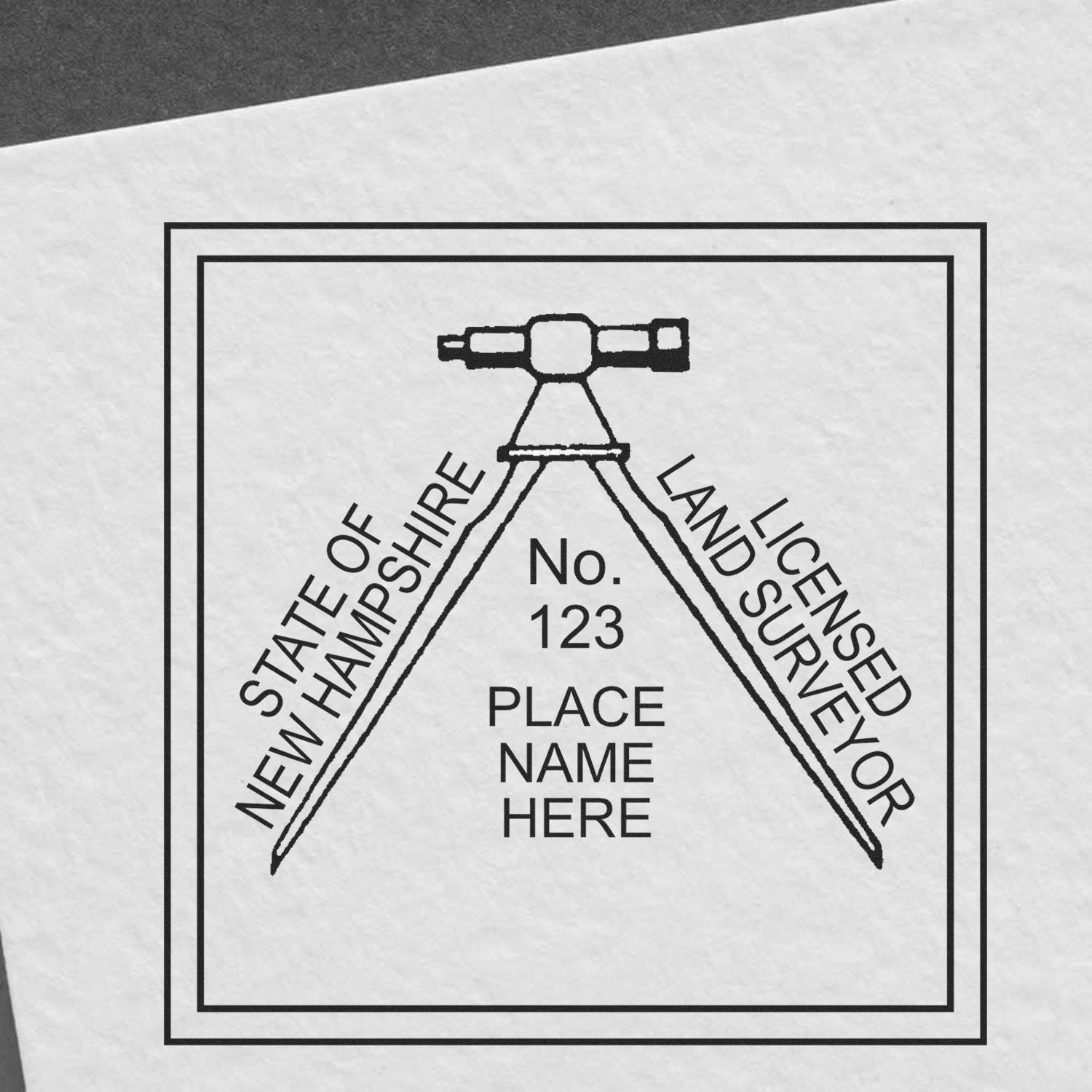 New Hampshire Land Surveyor Seal Stamp with a tripod and theodolite design, customizable with license number and name.