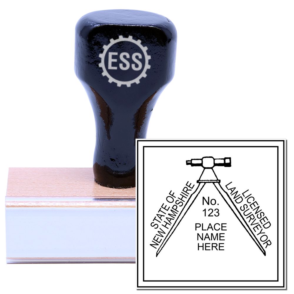 New Hampshire Land Surveyor Seal Stamp, NH PLS Stamp with wooden handle and engraved seal design for licensed land surveyors in New Hampshire.