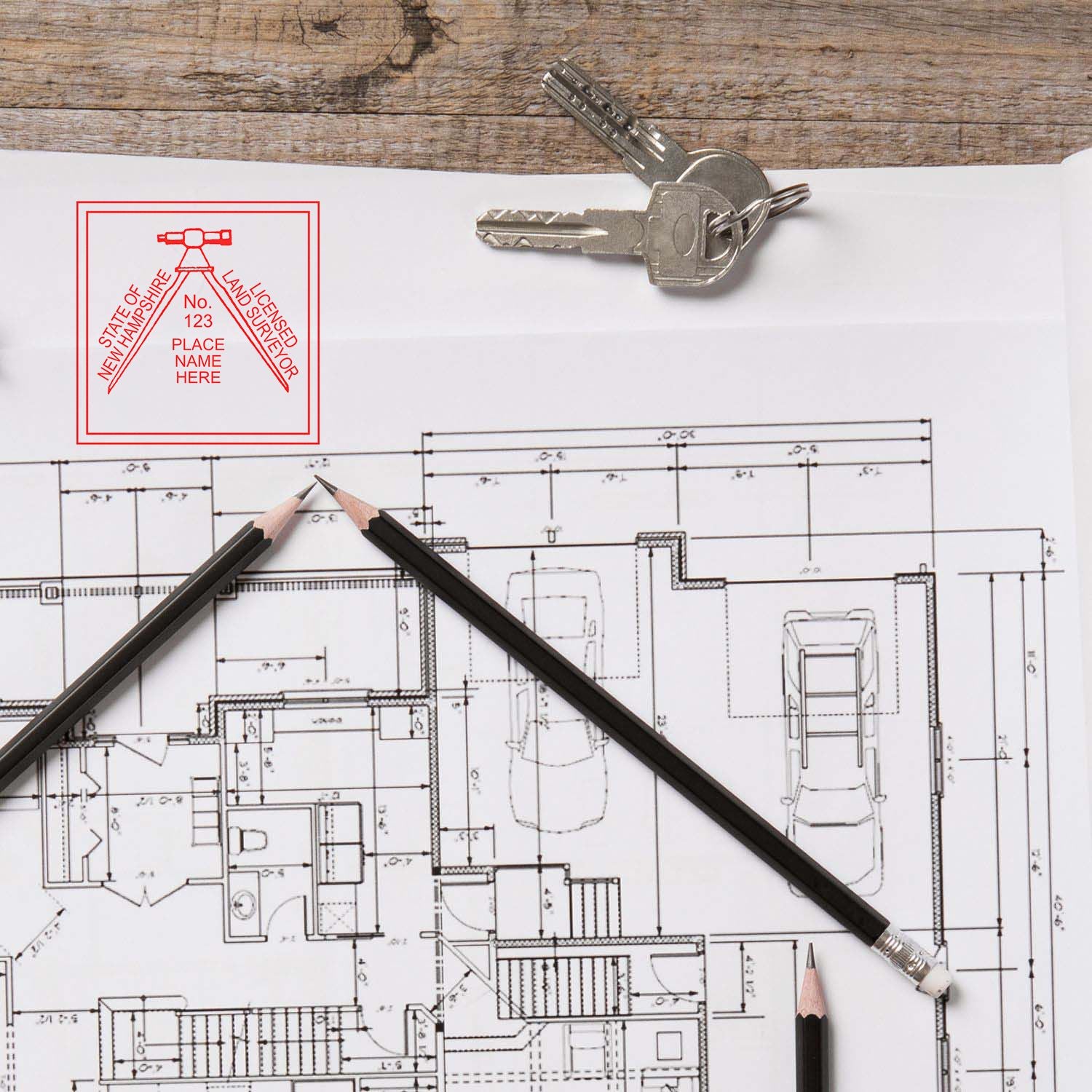 Blueprint with Digital New Hampshire Land Surveyor Stamp, Electronic Seal for New Hampshire Land Surveyor, pencils, and keys on a table.