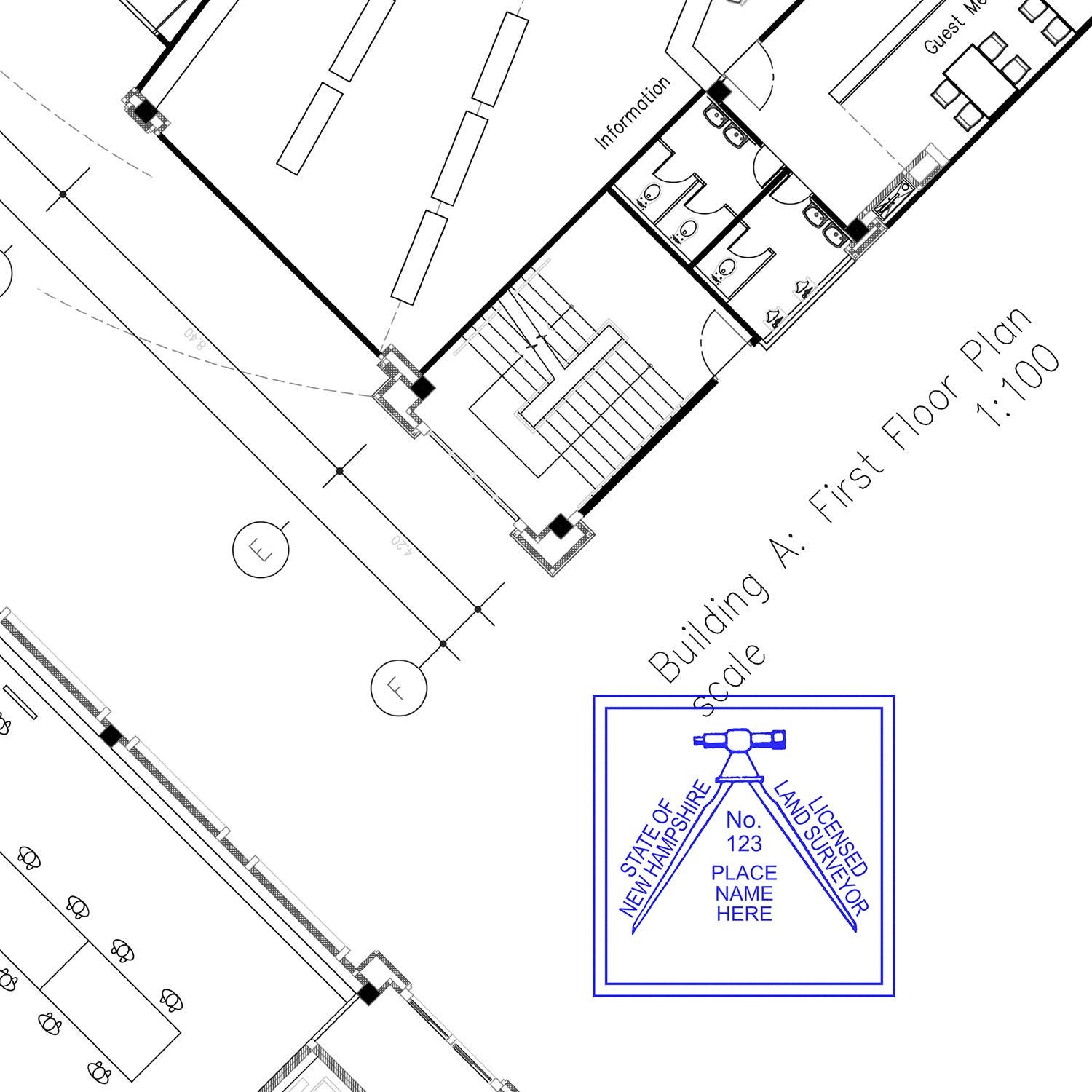 Blueprint with a Premium MaxLight Pre-Inked New Hampshire Surveyors Stamp impression showing LICENSED LAND SURVEYOR and STATE OF NEW HAMPSHIRE .