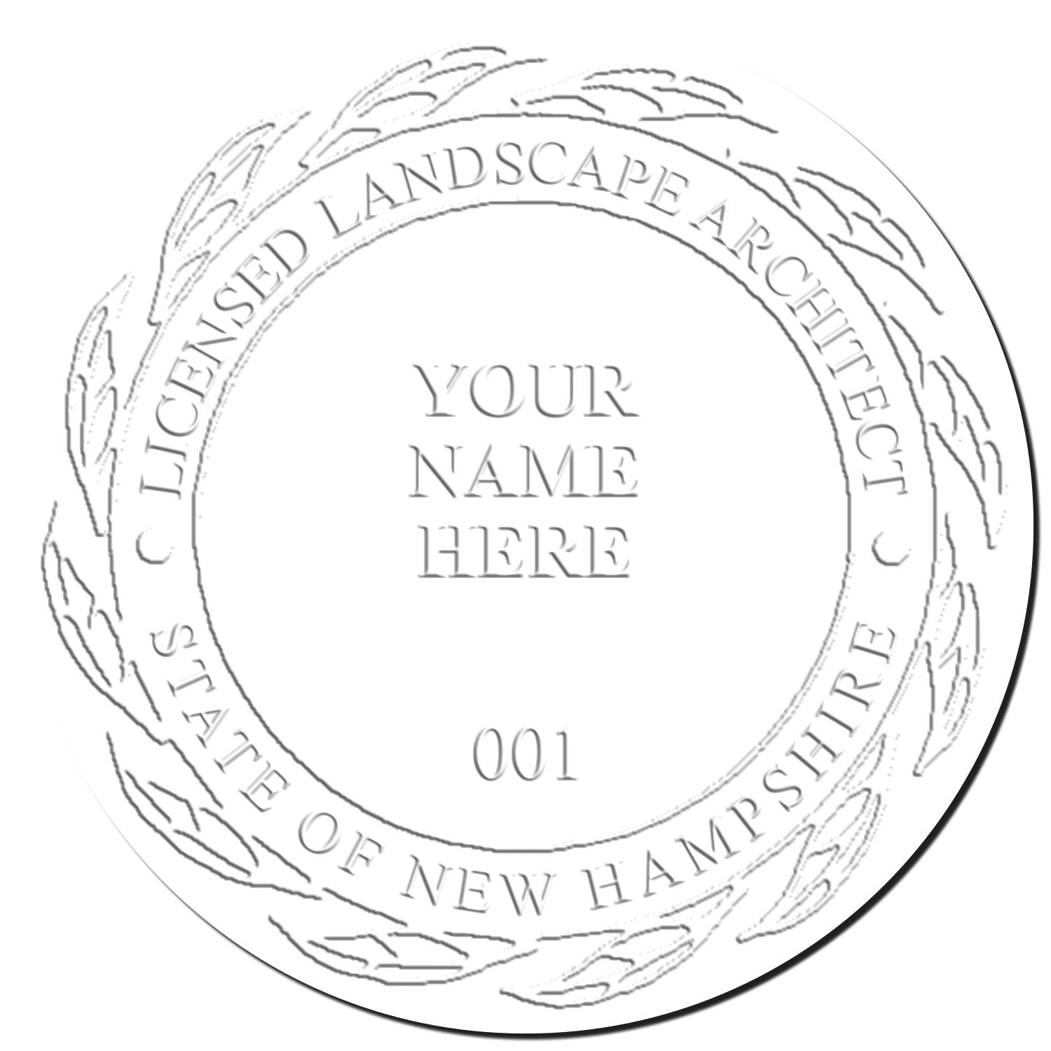 This paper is stamped with a sample imprint of the Heavy Duty New Hampshire Landscape Architect Cast Iron Embosser, signifying its quality and reliability.