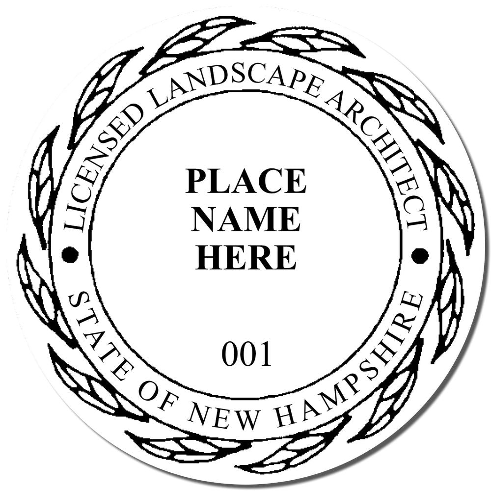 A lifestyle photo showing a stamped image of the Slim Pre-Inked New Hampshire Landscape Architect Seal Stamp on a piece of paper