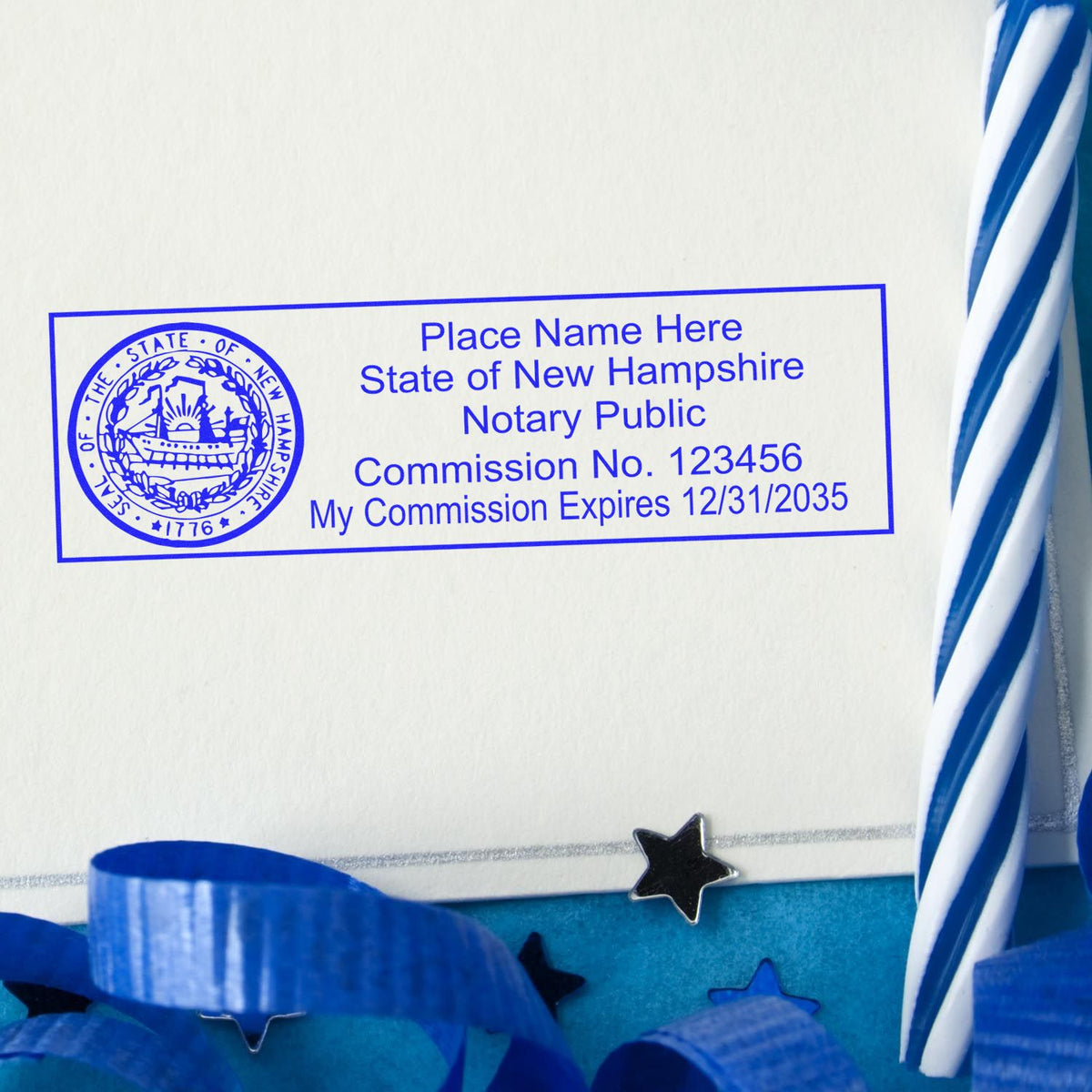 This paper is stamped with a sample imprint of the Wooden Handle New Hampshire State Seal Notary Public Stamp, signifying its quality and reliability.
