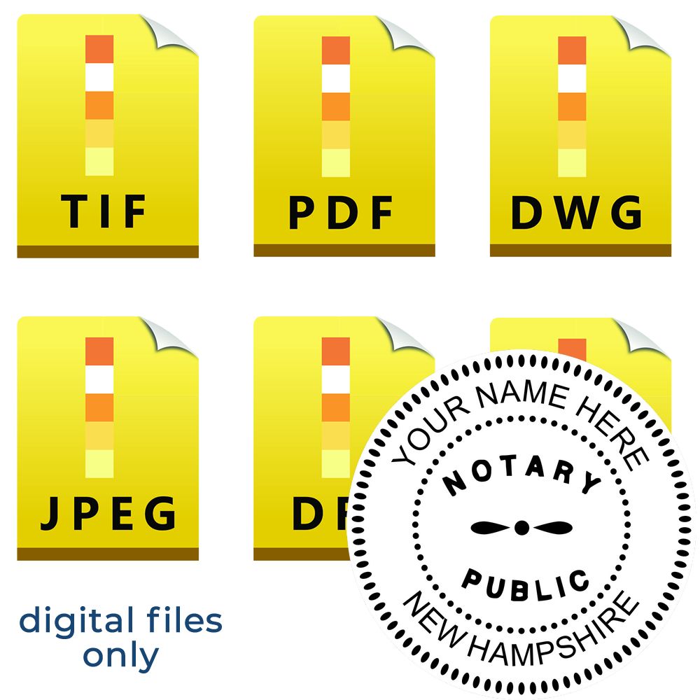 The main image for the New Hampshire Round Electronic Notary Stamp depicting a sample of the imprint and electronic files