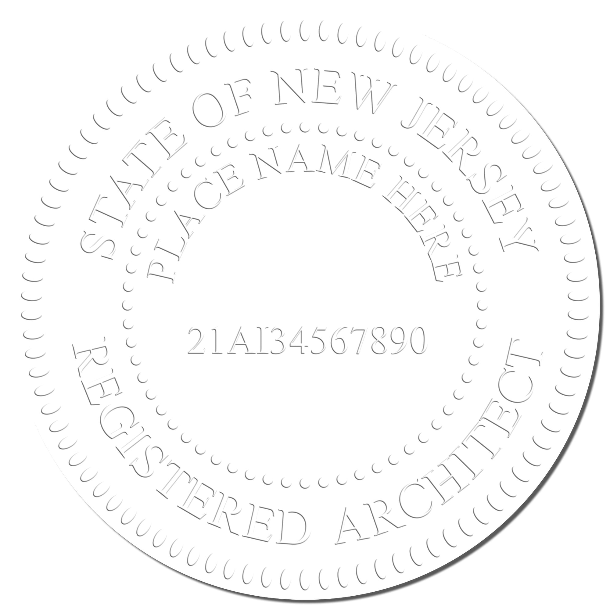 The main image for the State of New Jersey Long Reach Architectural Embossing Seal depicting a sample of the imprint and electronic files