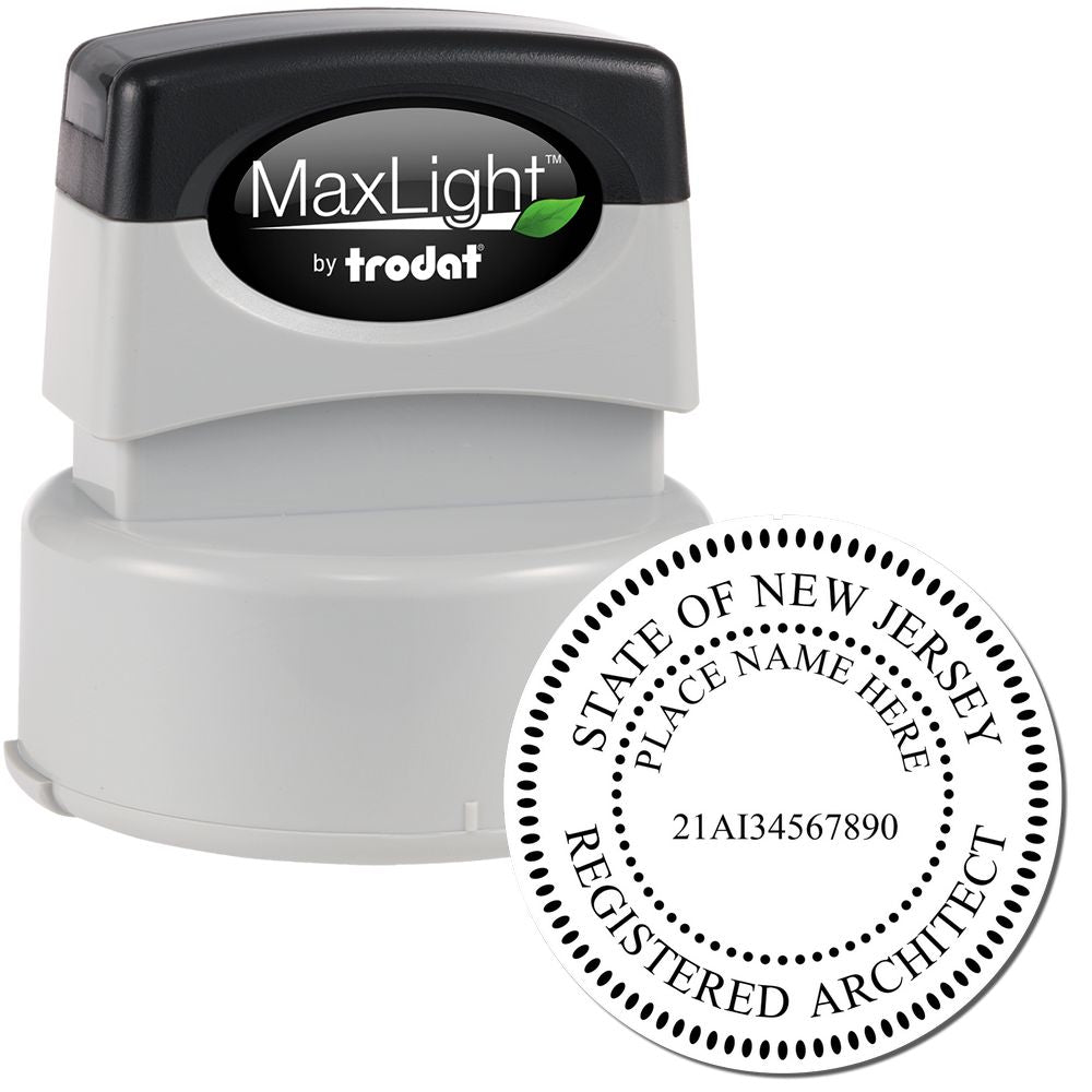 Premium MaxLight Pre-Inked New Jersey Architectural Stamp with a black and gray design, featuring a detailed circular imprint for architects.