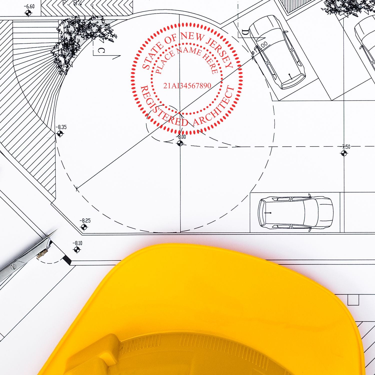 Self Inking New Jersey Architect Stamp on architectural blueprint with yellow hard hat and pen nearby.