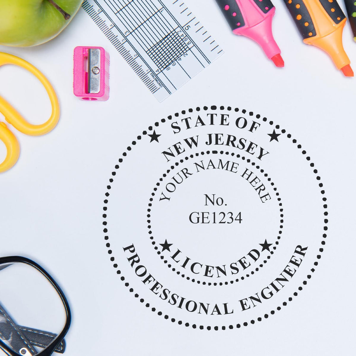 A stamped impression of the Slim Pre-Inked New Jersey Professional Engineer Seal Stamp in this stylish lifestyle photo, setting the tone for a unique and personalized product.