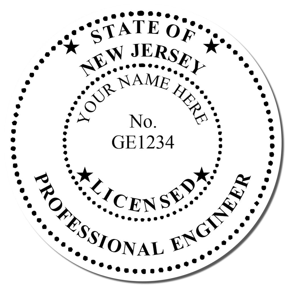 A photograph of the Slim Pre-Inked New Jersey Professional Engineer Seal Stamp stamp impression reveals a vivid, professional image of the on paper.