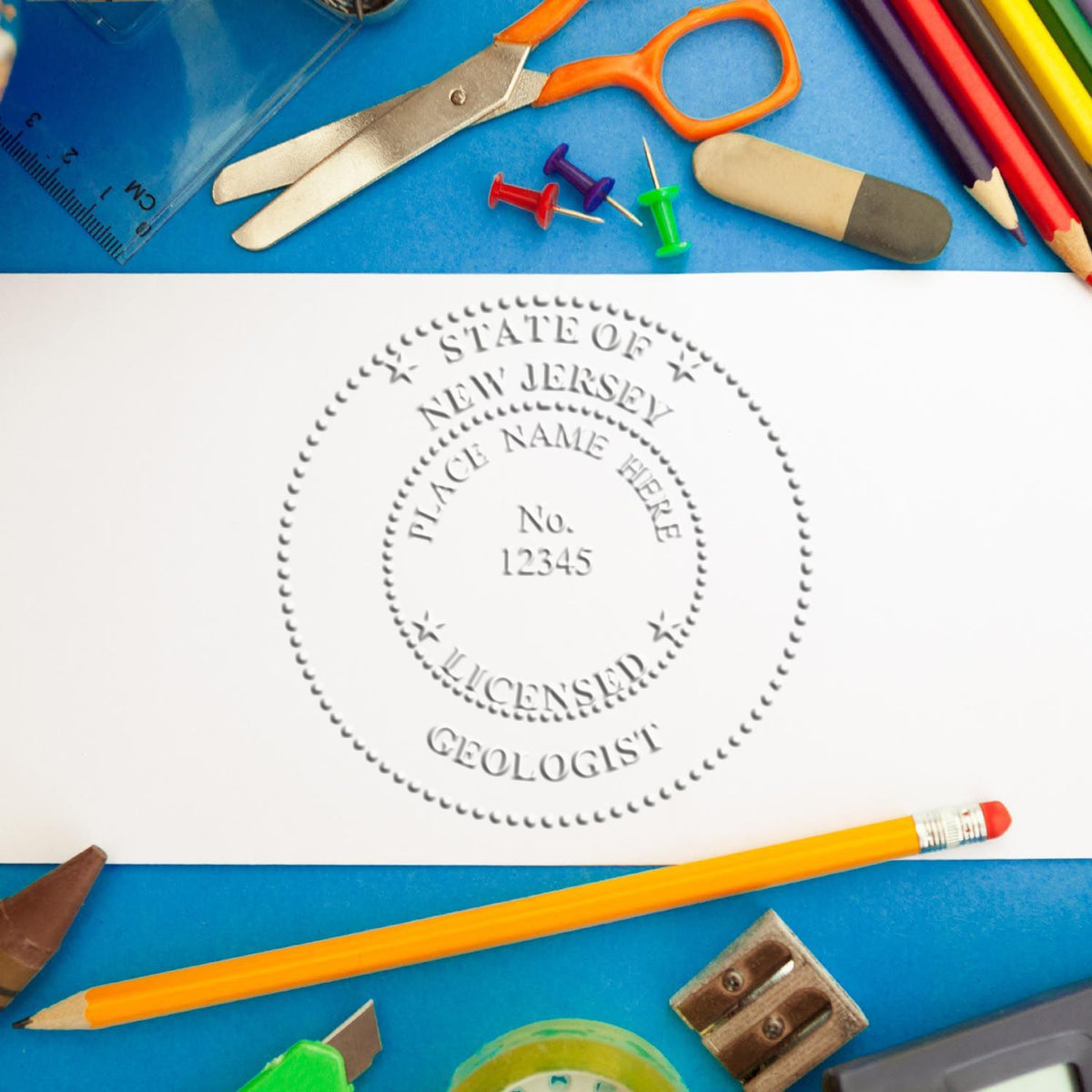 A stamped imprint of the New Jersey Geologist Desk Seal in this stylish lifestyle photo, setting the tone for a unique and personalized product.