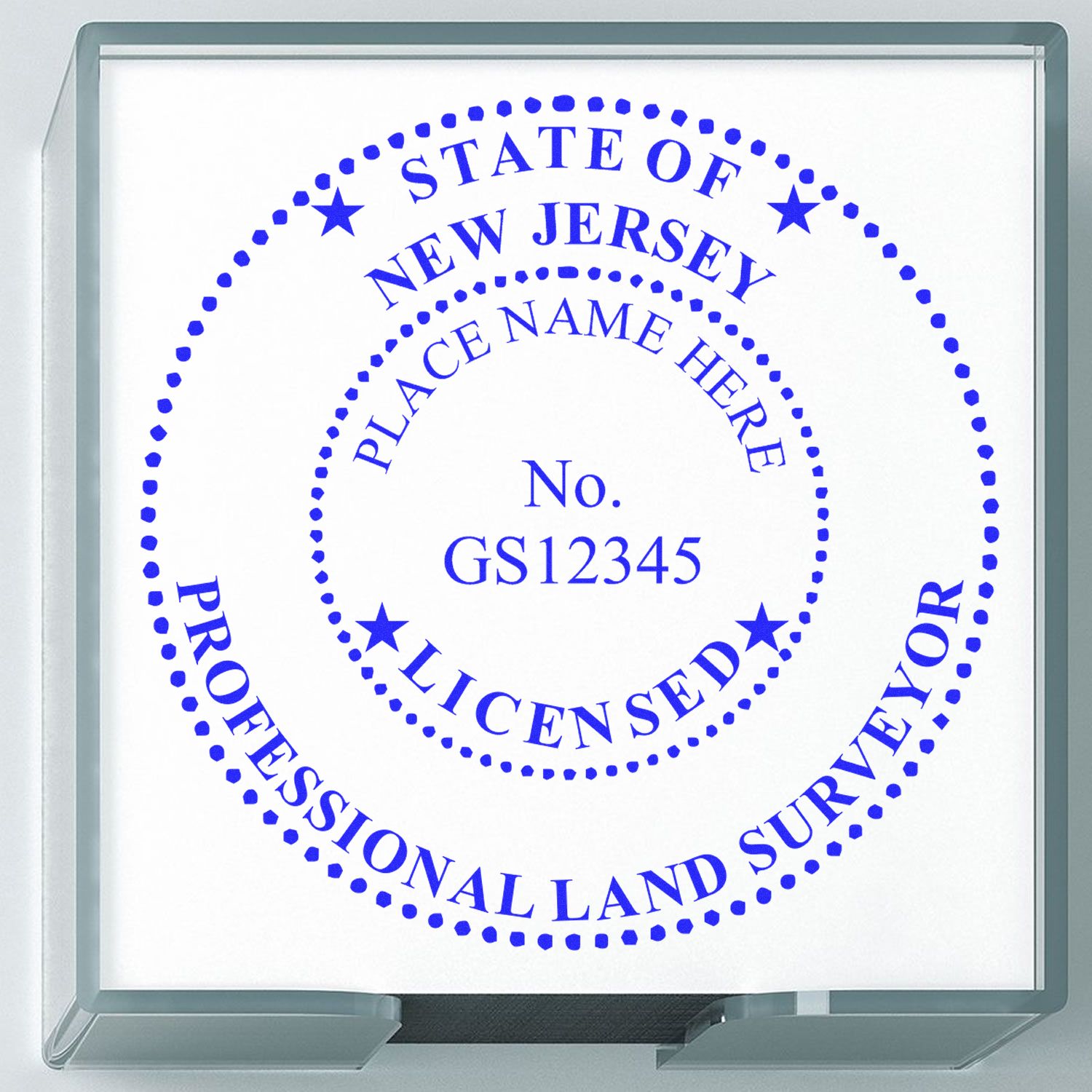 Digital New Jersey Land Surveyor Stamp, Electronic Seal for New Jersey Land Surveyor, blue text on a white background in a clear case.