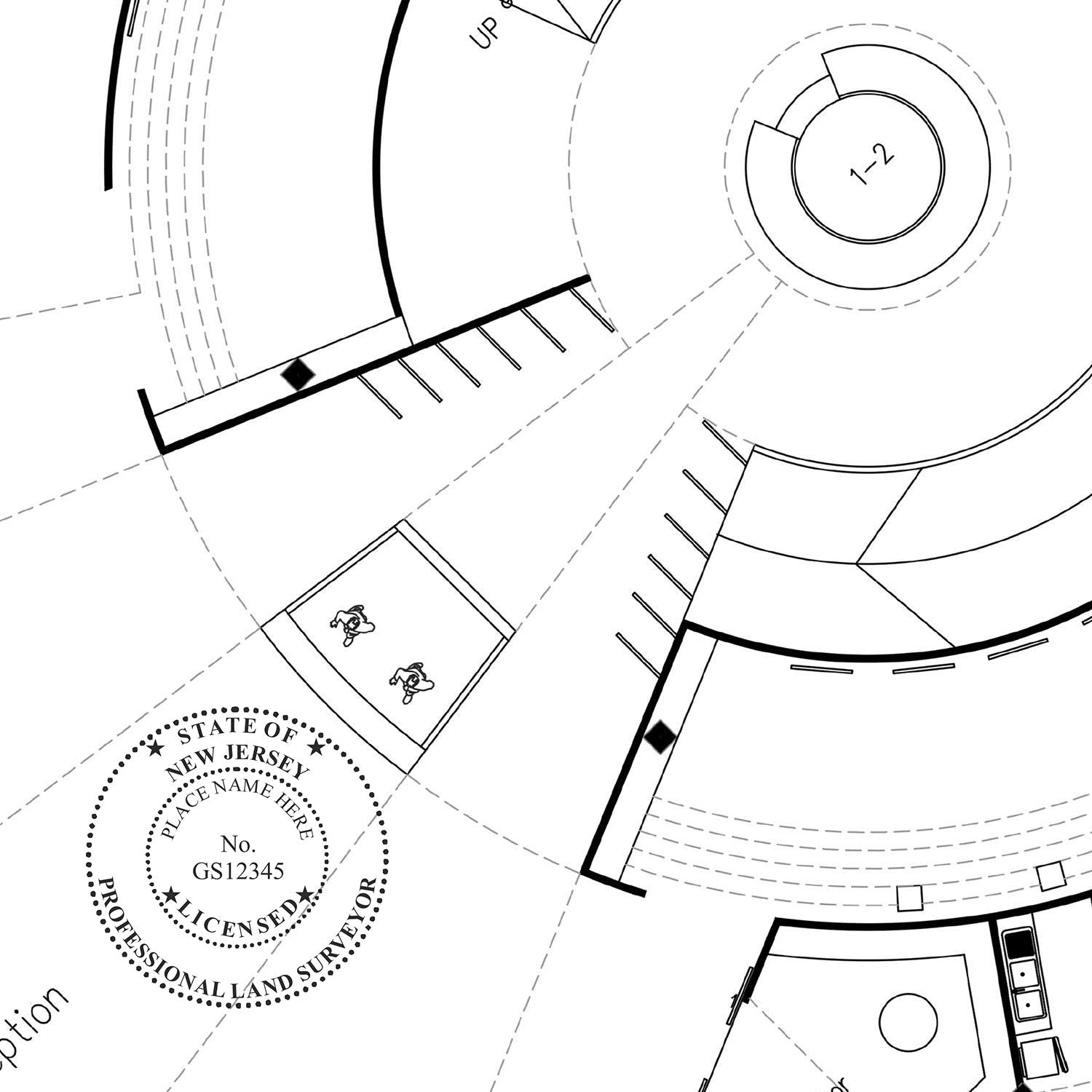 Blueprint with a Digital New Jersey Land Surveyor Stamp, Electronic Seal for New Jersey Land Surveyor, marked on the bottom left corner.