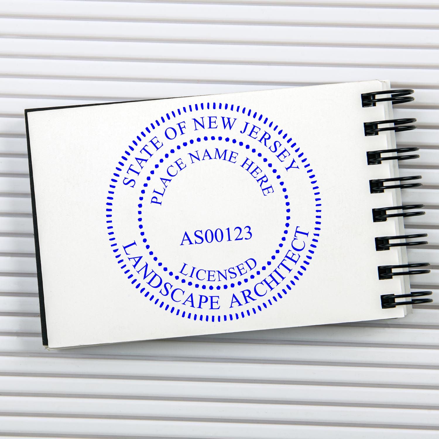 The main image for the Premium MaxLight Pre-Inked New Jersey Landscape Architectural Stamp depicting a sample of the imprint and electronic files
