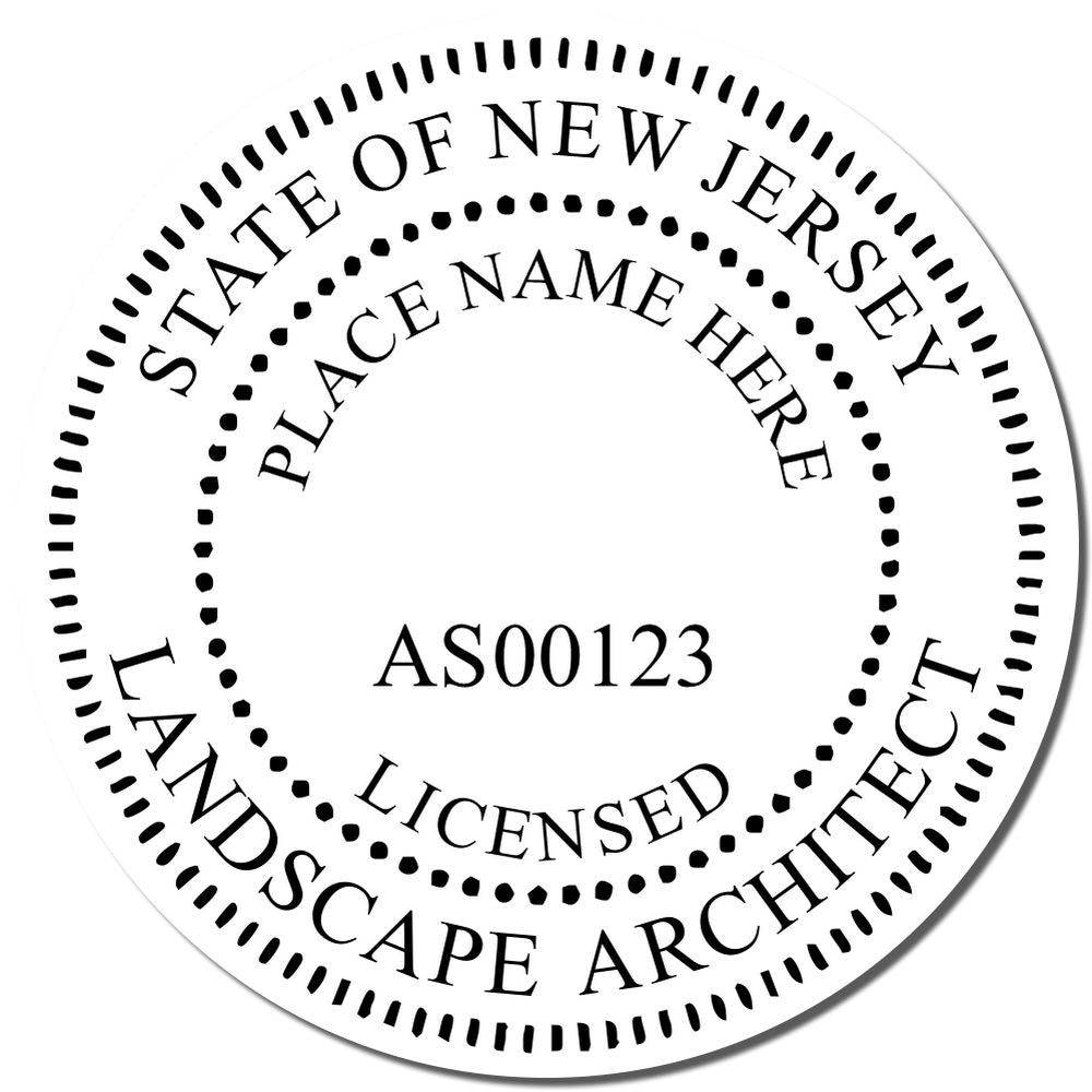 A lifestyle photo showing a stamped image of the Slim Pre-Inked New Jersey Landscape Architect Seal Stamp on a piece of paper