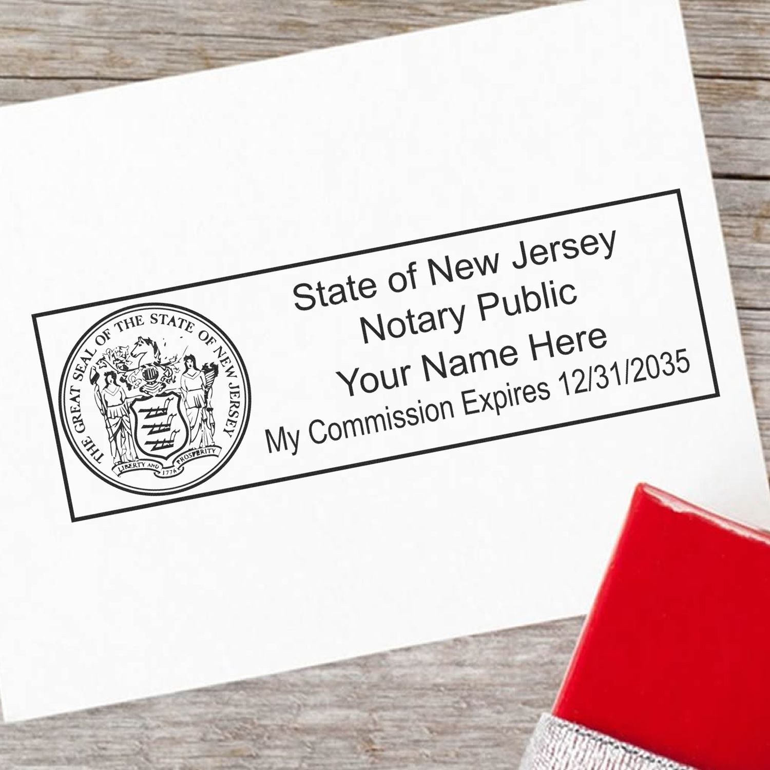 The main image for the Wooden Handle New Jersey State Seal Notary Public Stamp depicting a sample of the imprint and electronic files