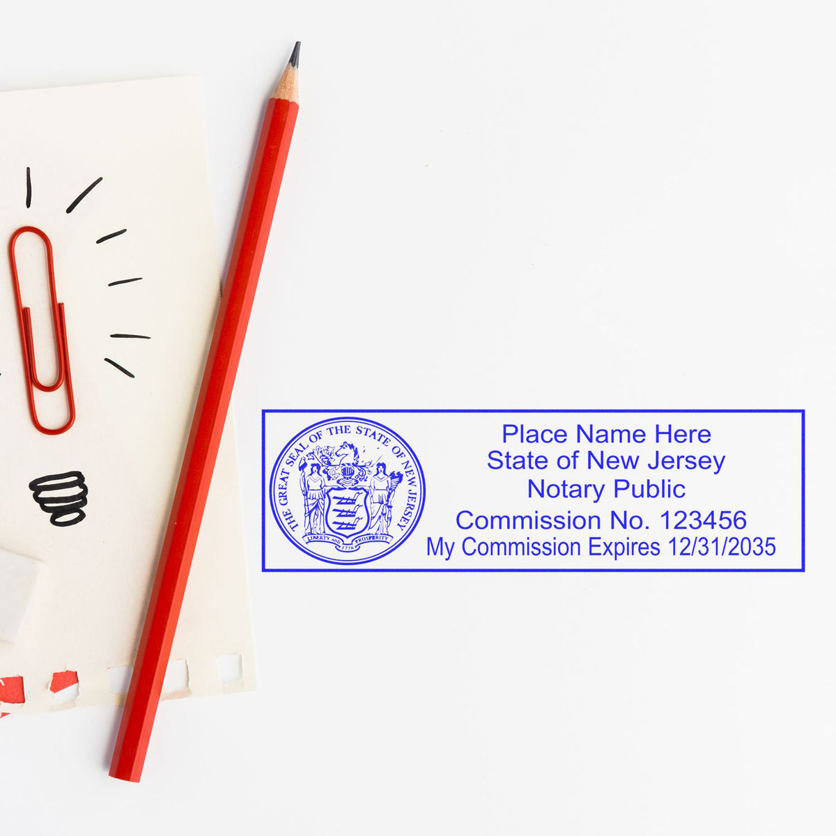 This paper is stamped with a sample imprint of the Wooden Handle New Jersey State Seal Notary Public Stamp, signifying its quality and reliability.