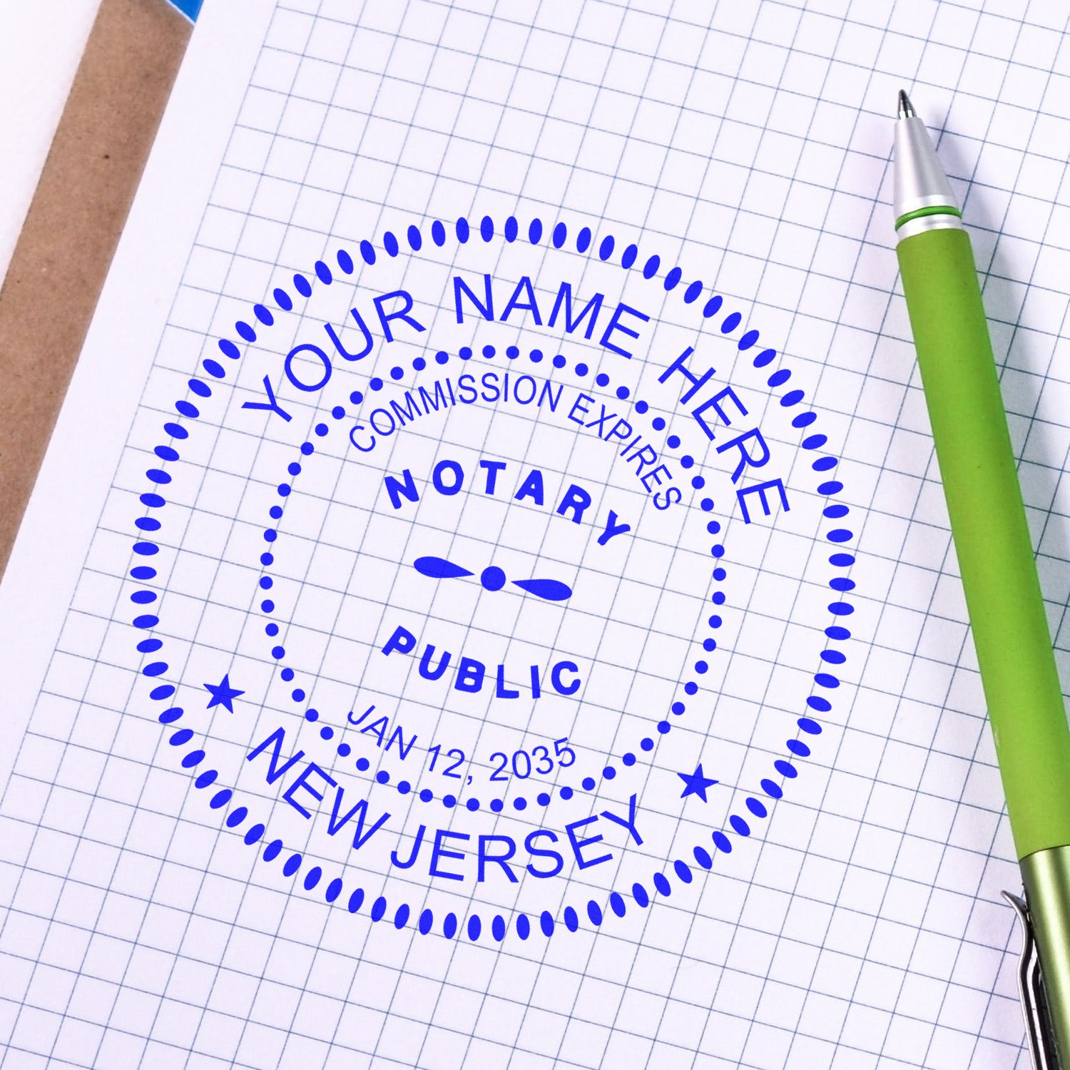 This paper is stamped with a sample imprint of the Round New Jersey Notary Public Seal Stamp, signifying its quality and reliability.