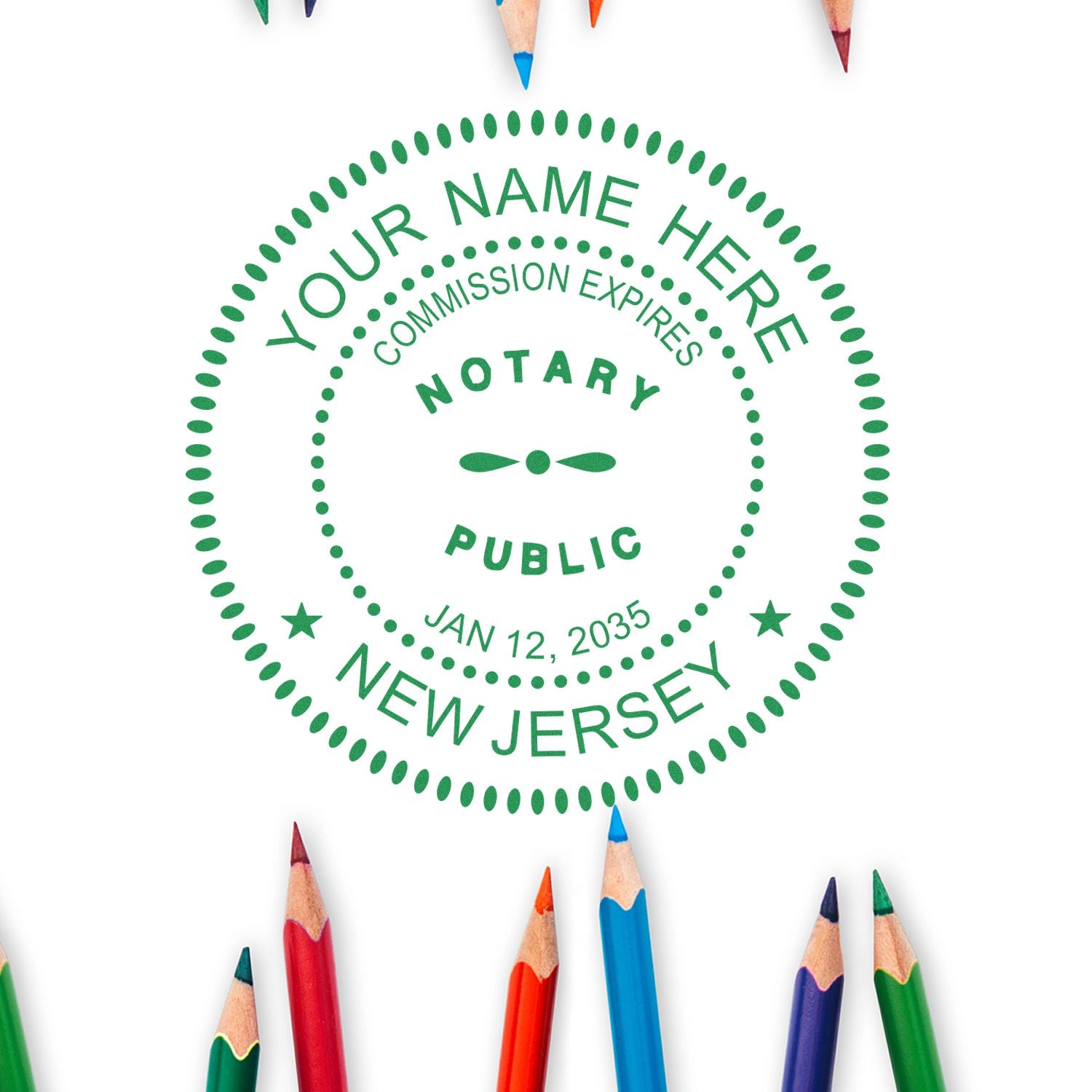 A photograph of the Round New Jersey Notary Public Seal Stamp stamp impression reveals a vivid, professional image of the on paper.