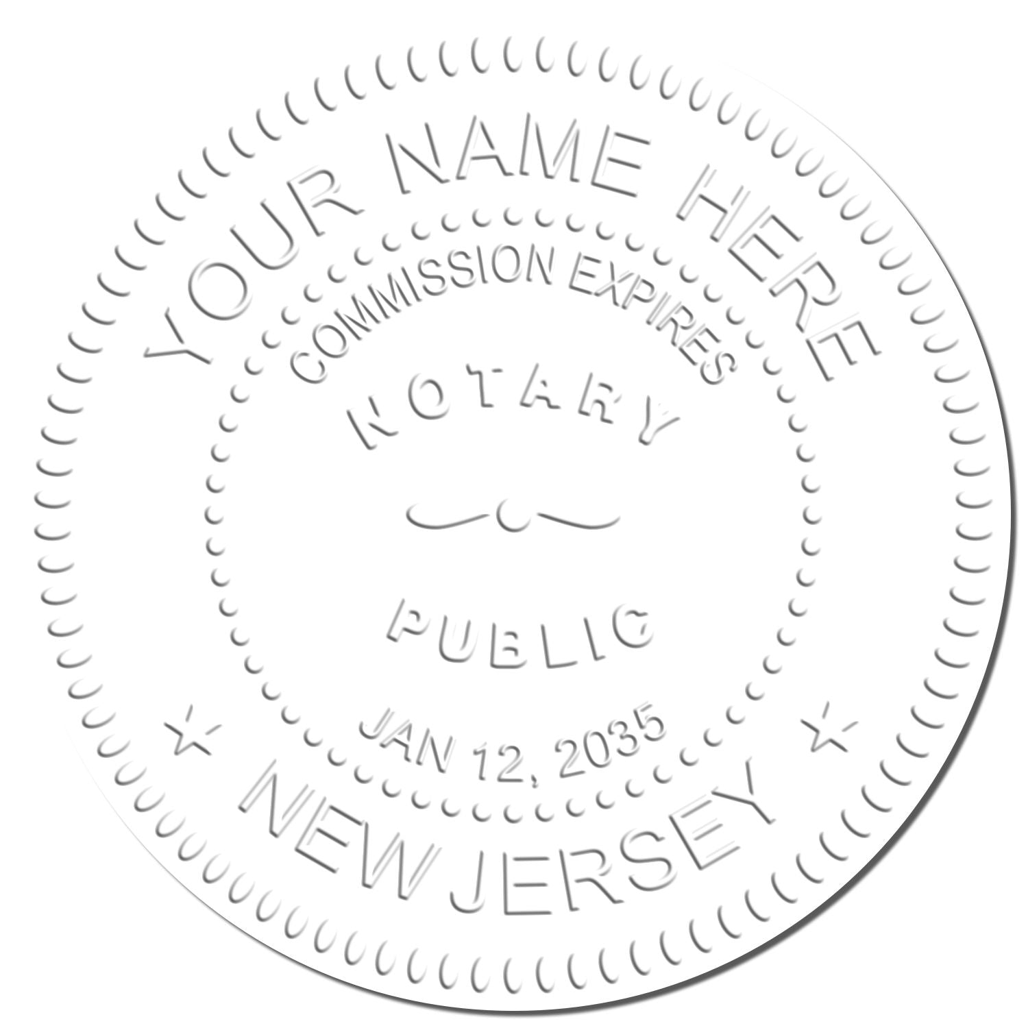 This paper is stamped with a sample imprint of the New Jersey Handheld Notary Seal Embosser, signifying its quality and reliability.