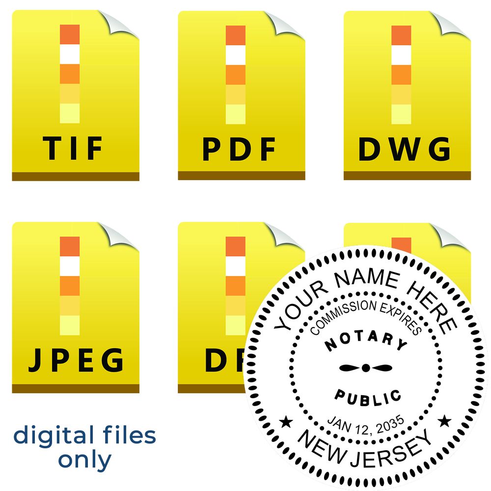 The main image for the New Jersey Round Electronic Notary Stamp depicting a sample of the imprint and electronic files