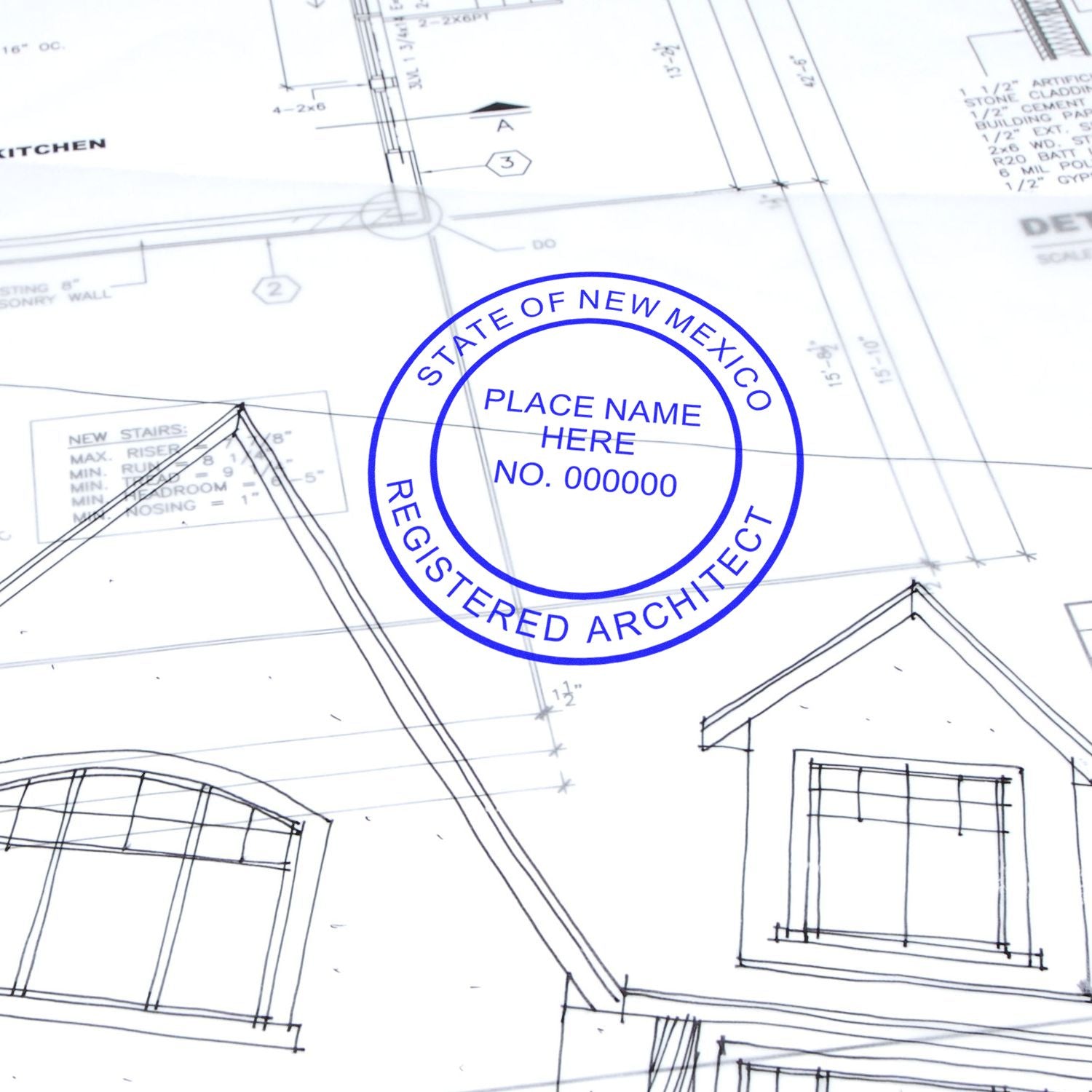 Self Inking New Mexico Architect Stamp imprint on architectural blueprints, showing a house design and registration details.