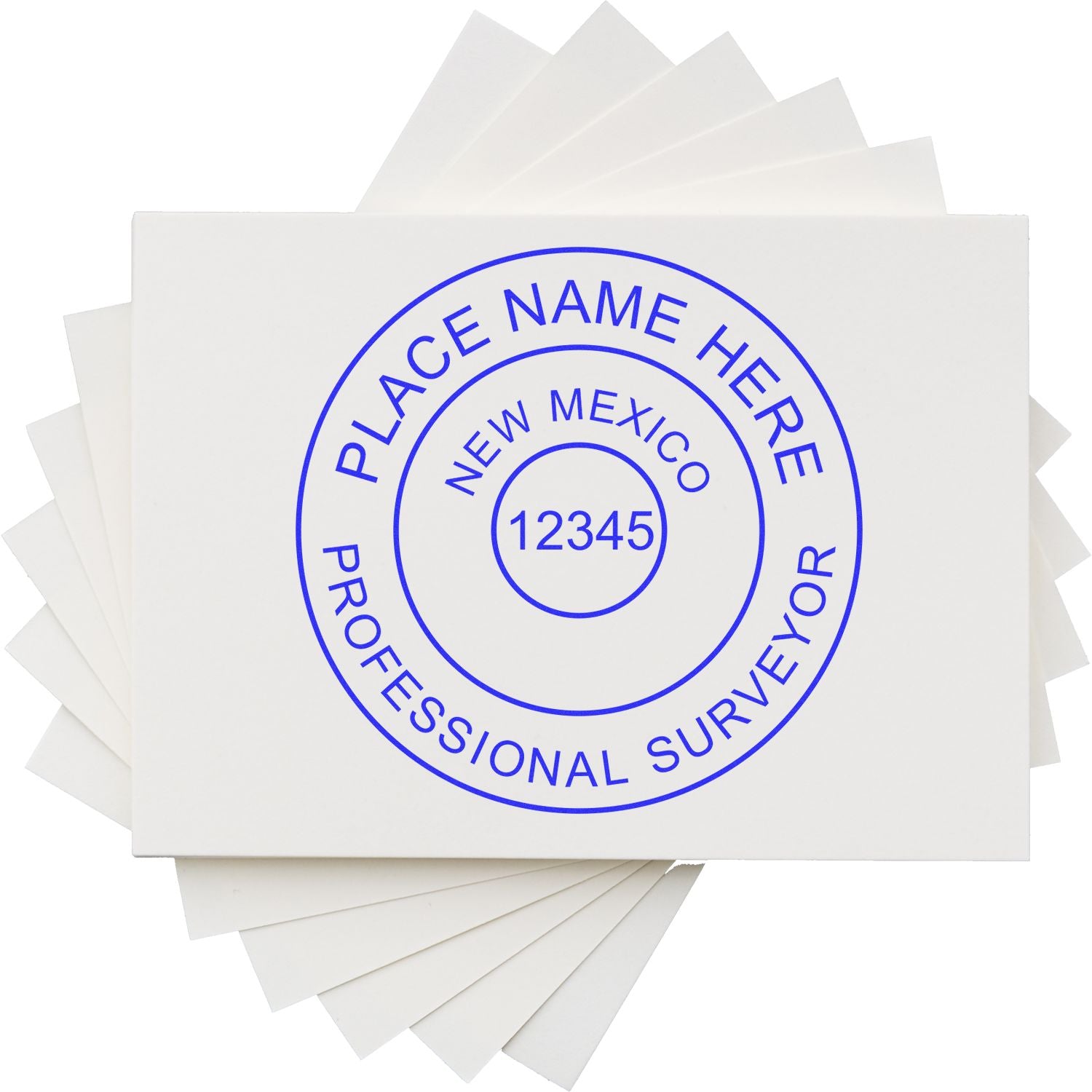 Premium MaxLight Pre-Inked New Mexico Surveyors Stamp with customizable text, displayed on white cards.