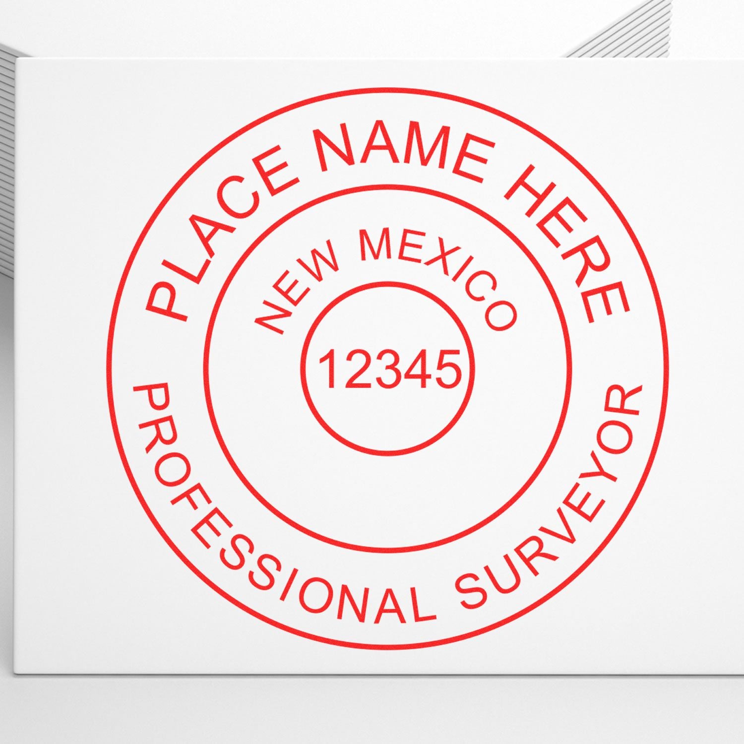 Digital New Mexico Land Surveyor Stamp, Electronic Seal for New Mexico Land Surveyor, customizable with name and license number in red.