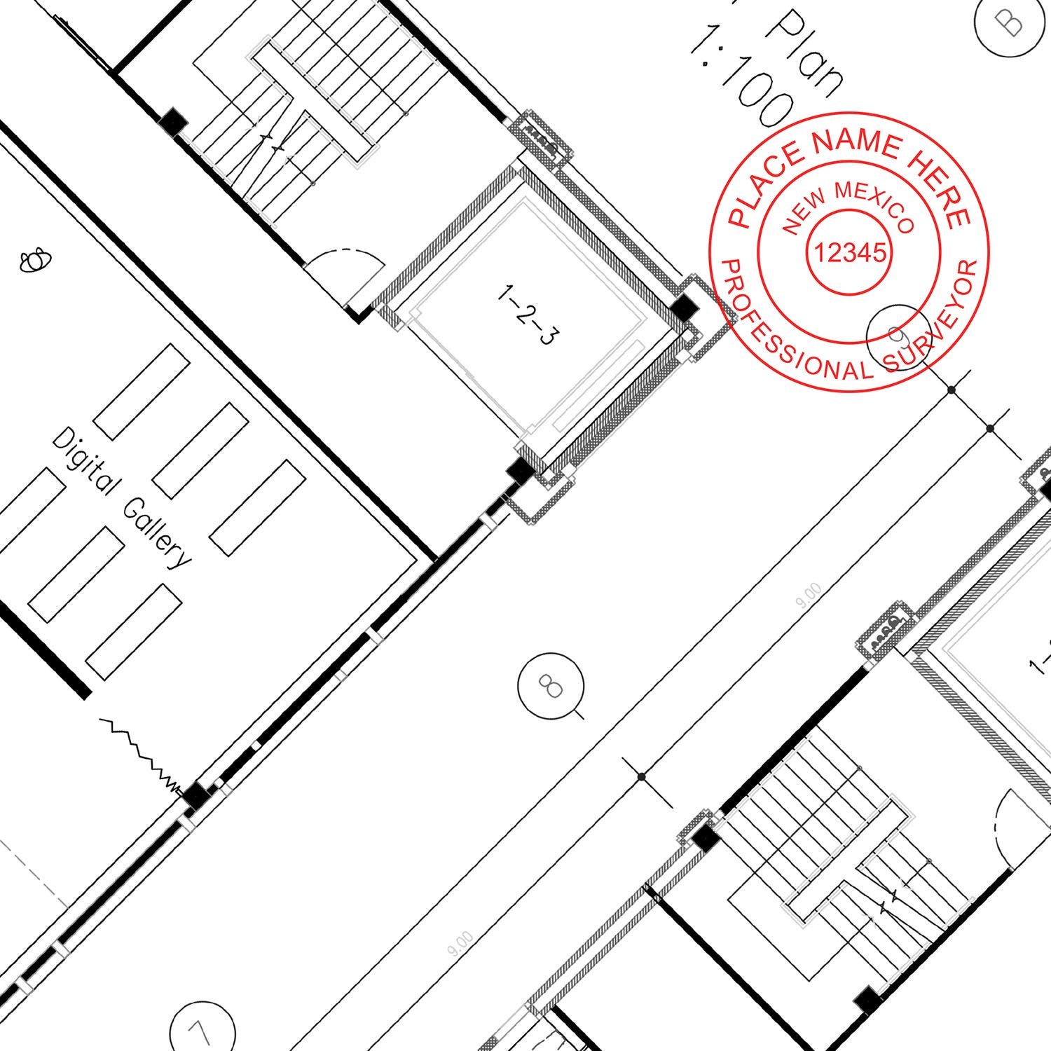 Blueprint with a red New Mexico Land Surveyor Seal Stamp, NM PLS Stamp, marked PLACE NAME HERE and 12345 on the top right corner.