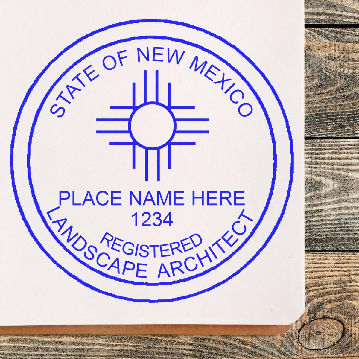 New Mexico Landscape Architectural Seal Stamp in use photo showing a stamped imprint of the New Mexico Landscape Architectural Seal Stamp