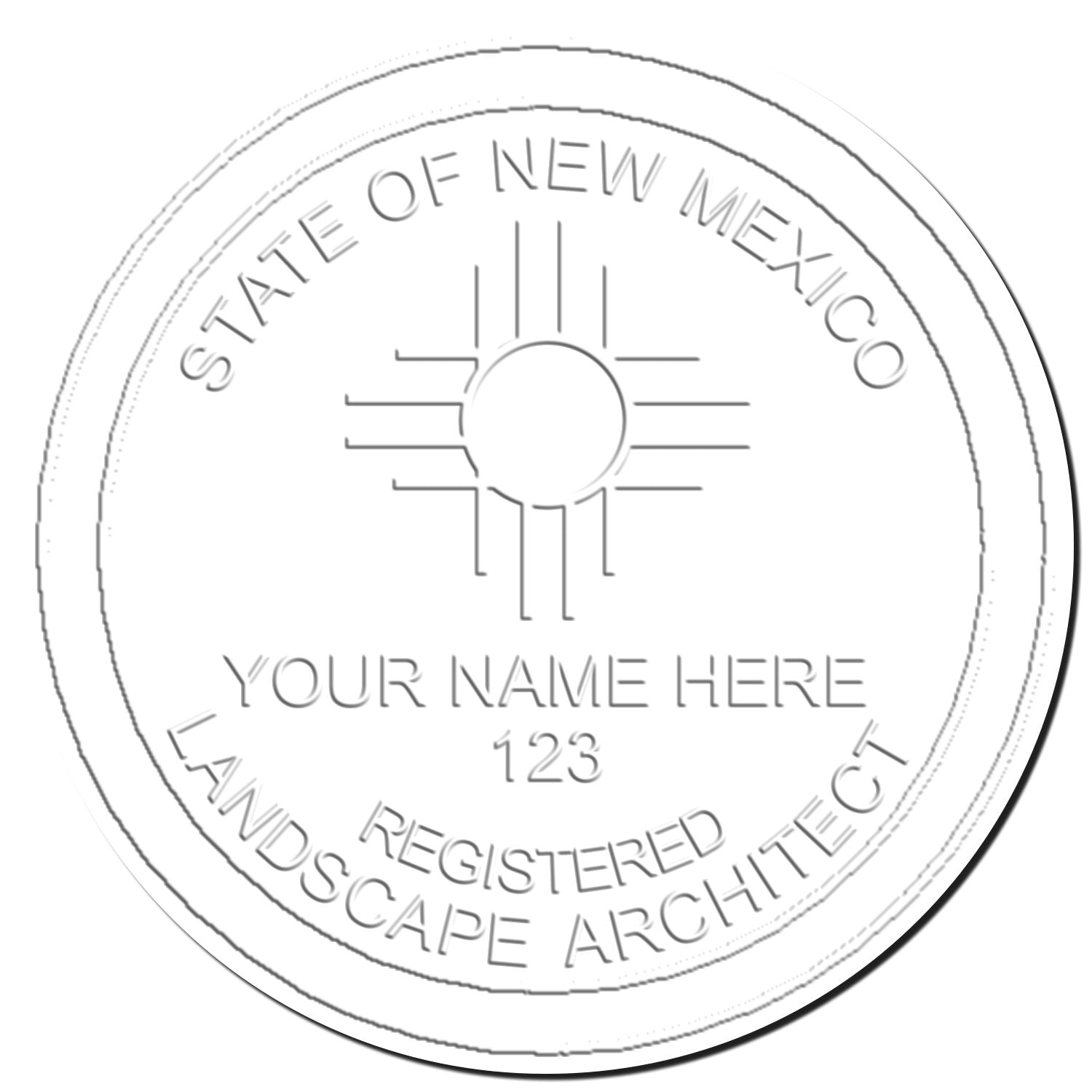 This paper is stamped with a sample imprint of the Heavy Duty New Mexico Landscape Architect Cast Iron Embosser, signifying its quality and reliability.