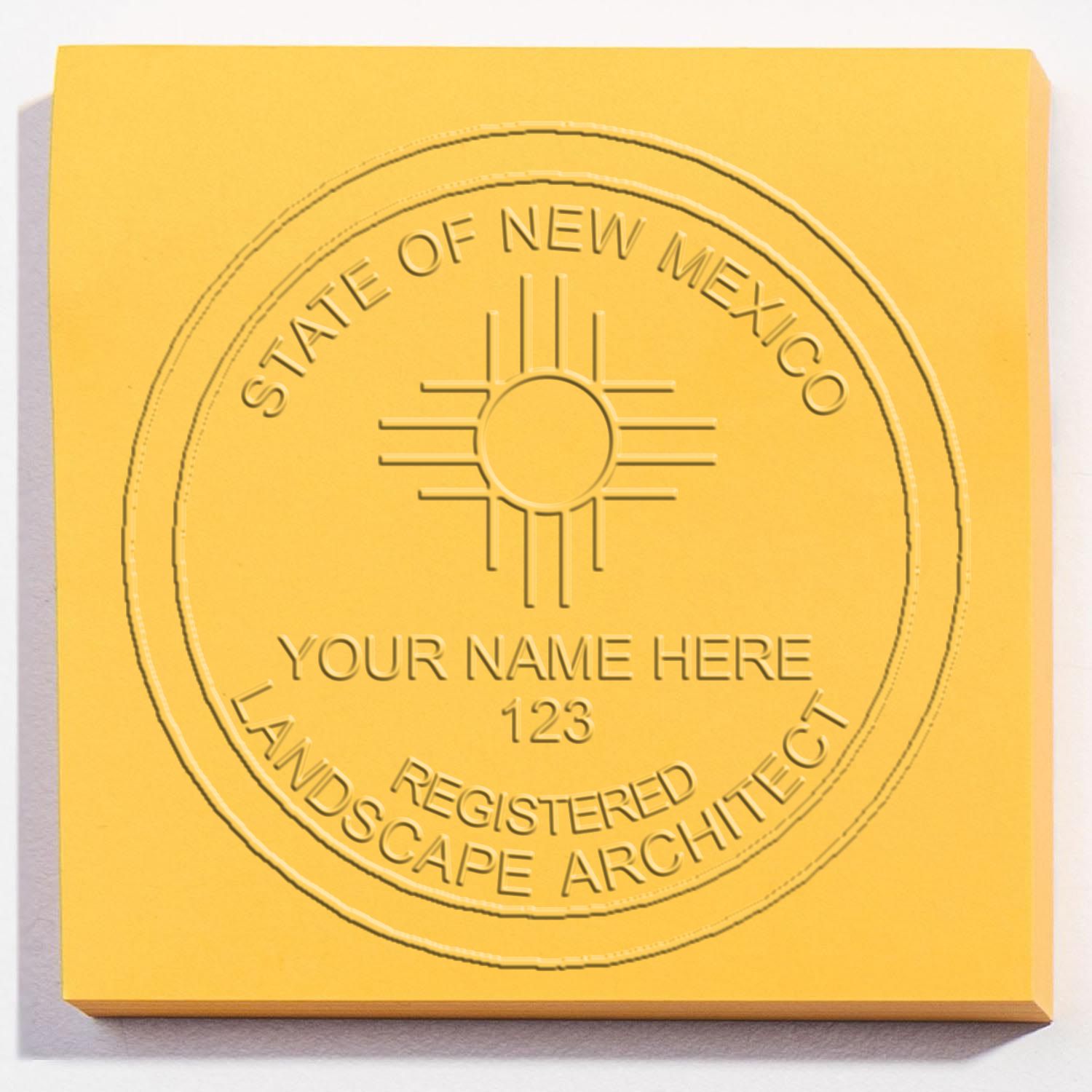 A photograph of the State of New Mexico Handheld Landscape Architect Seal stamp impression reveals a vivid, professional image of the on paper.