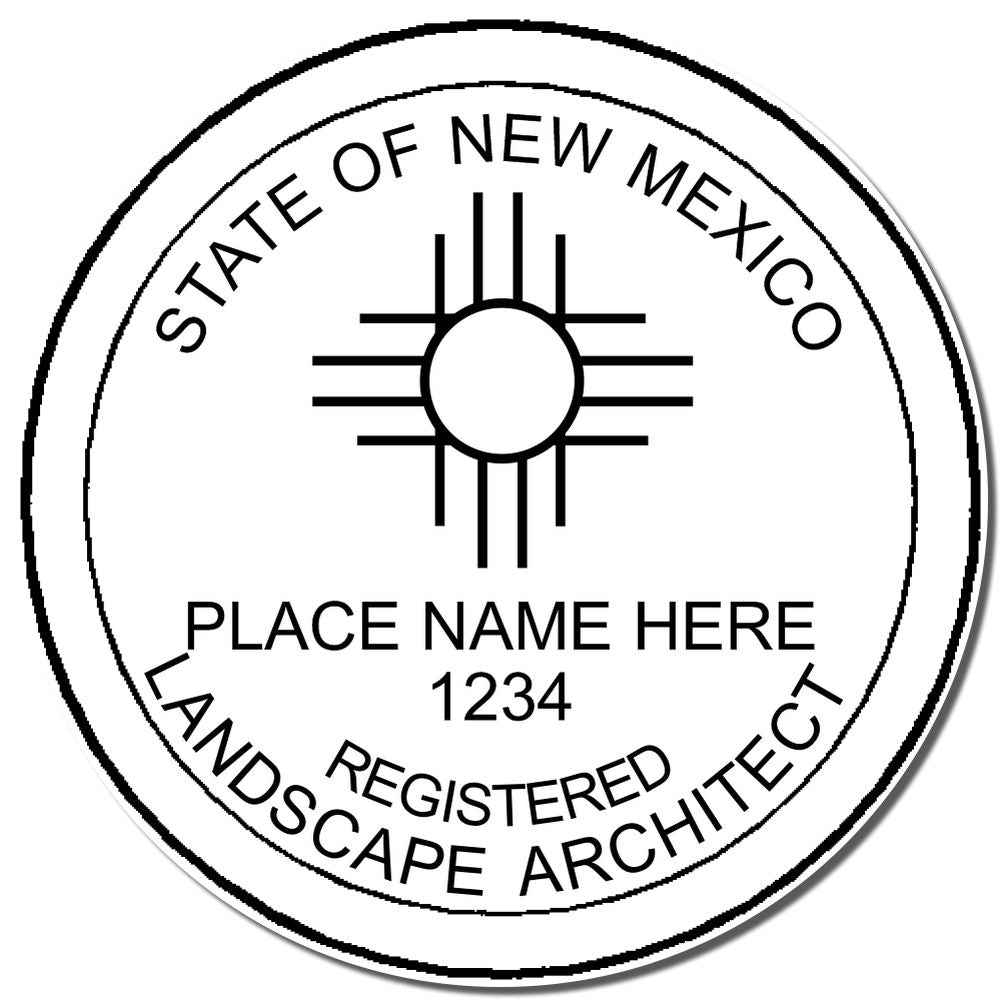 A lifestyle photo showing a stamped image of the Slim Pre-Inked New Mexico Landscape Architect Seal Stamp on a piece of paper