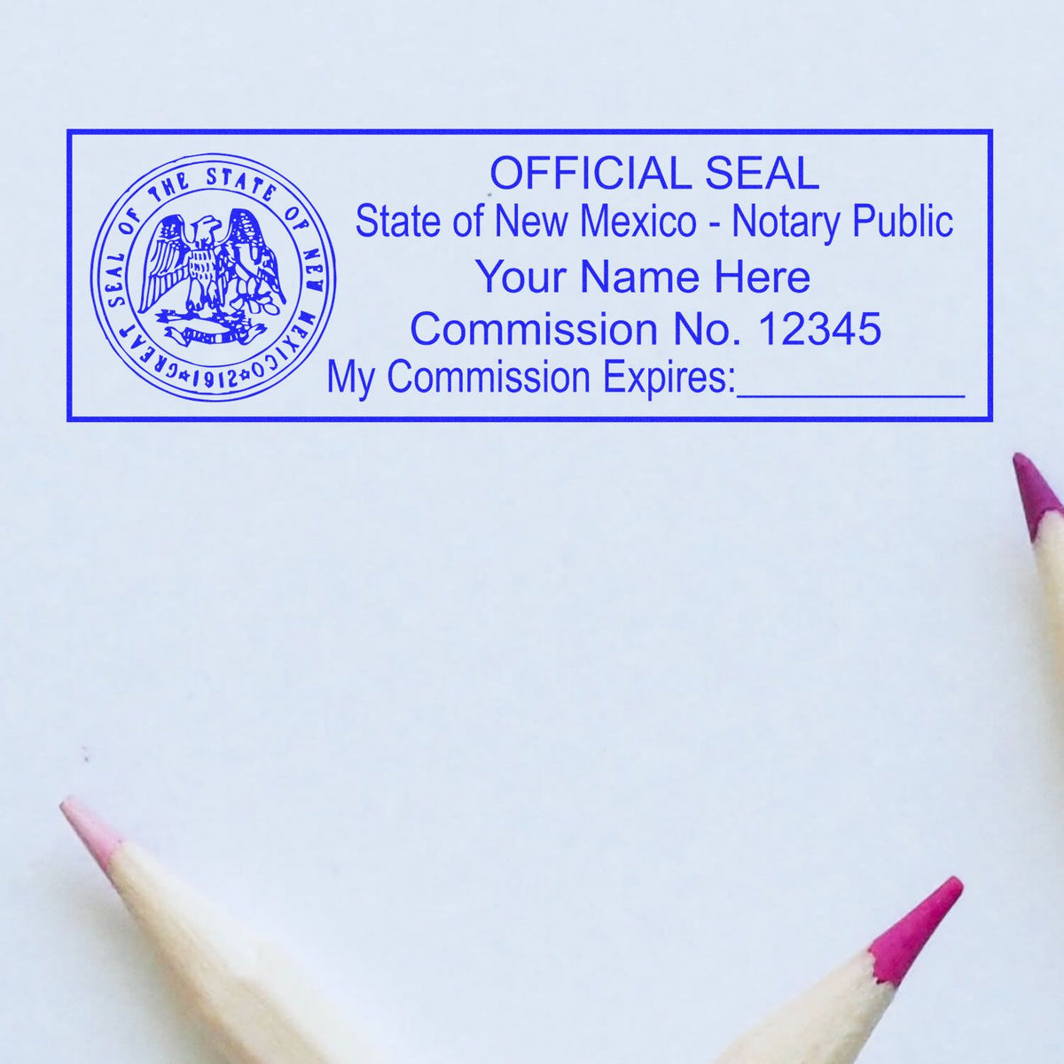 A lifestyle photo showing a stamped image of the Wooden Handle New Mexico State Seal Notary Public Stamp on a piece of paper