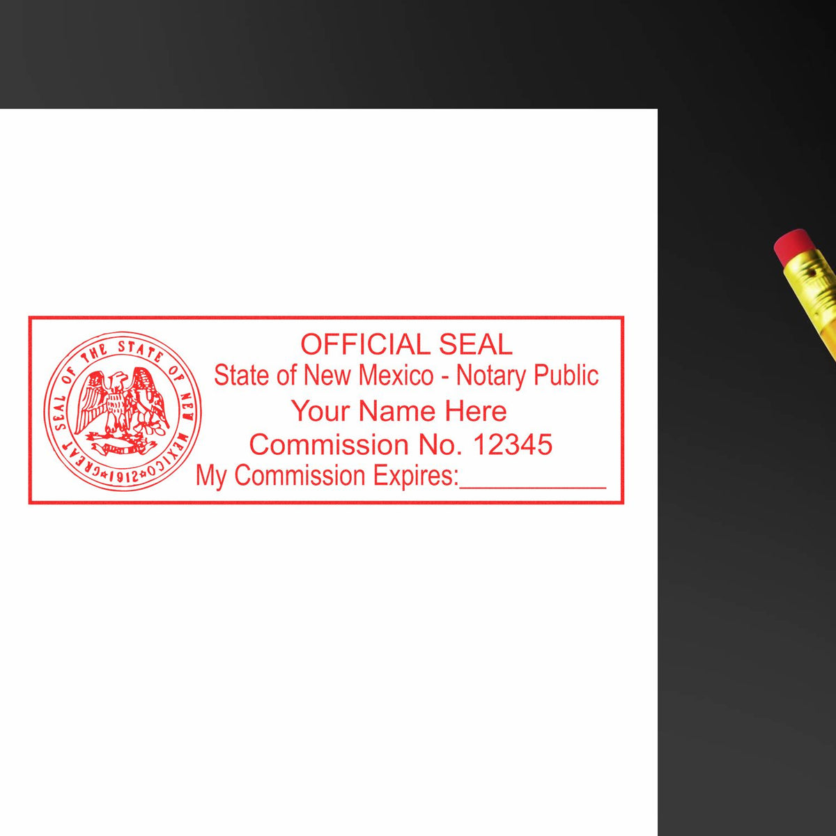 The Heavy-Duty New Mexico Rectangular Notary Stamp stamp impression comes to life with a crisp, detailed photo on paper - showcasing true professional quality.