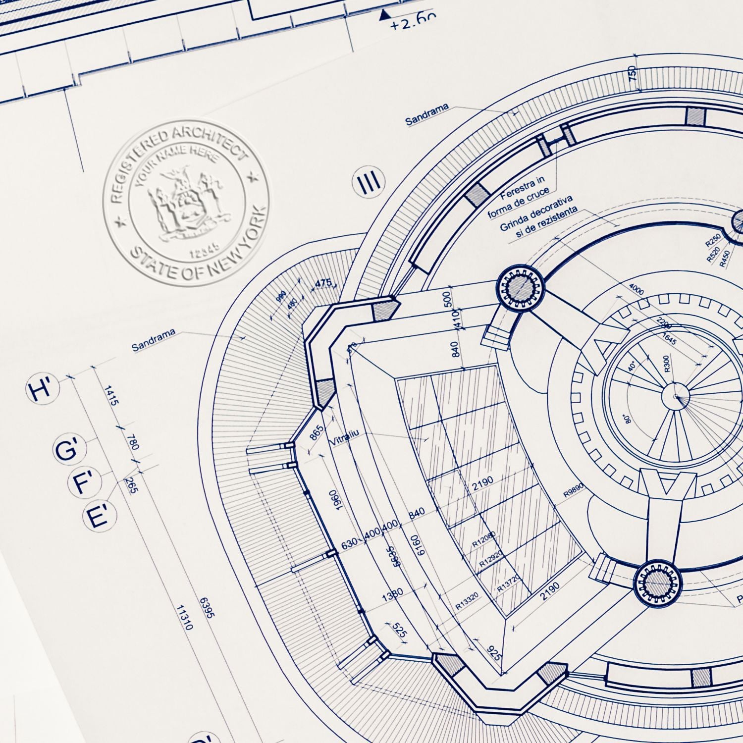 An alternative view of the Gift New York Architect Seal stamped on a sheet of paper showing the image in use