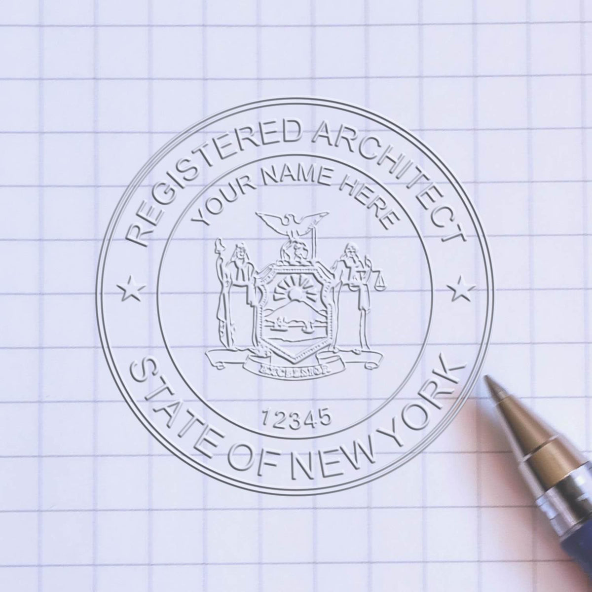 A lifestyle photo showing a stamped image of the Handheld New York Architect Seal Embosser on a piece of paper