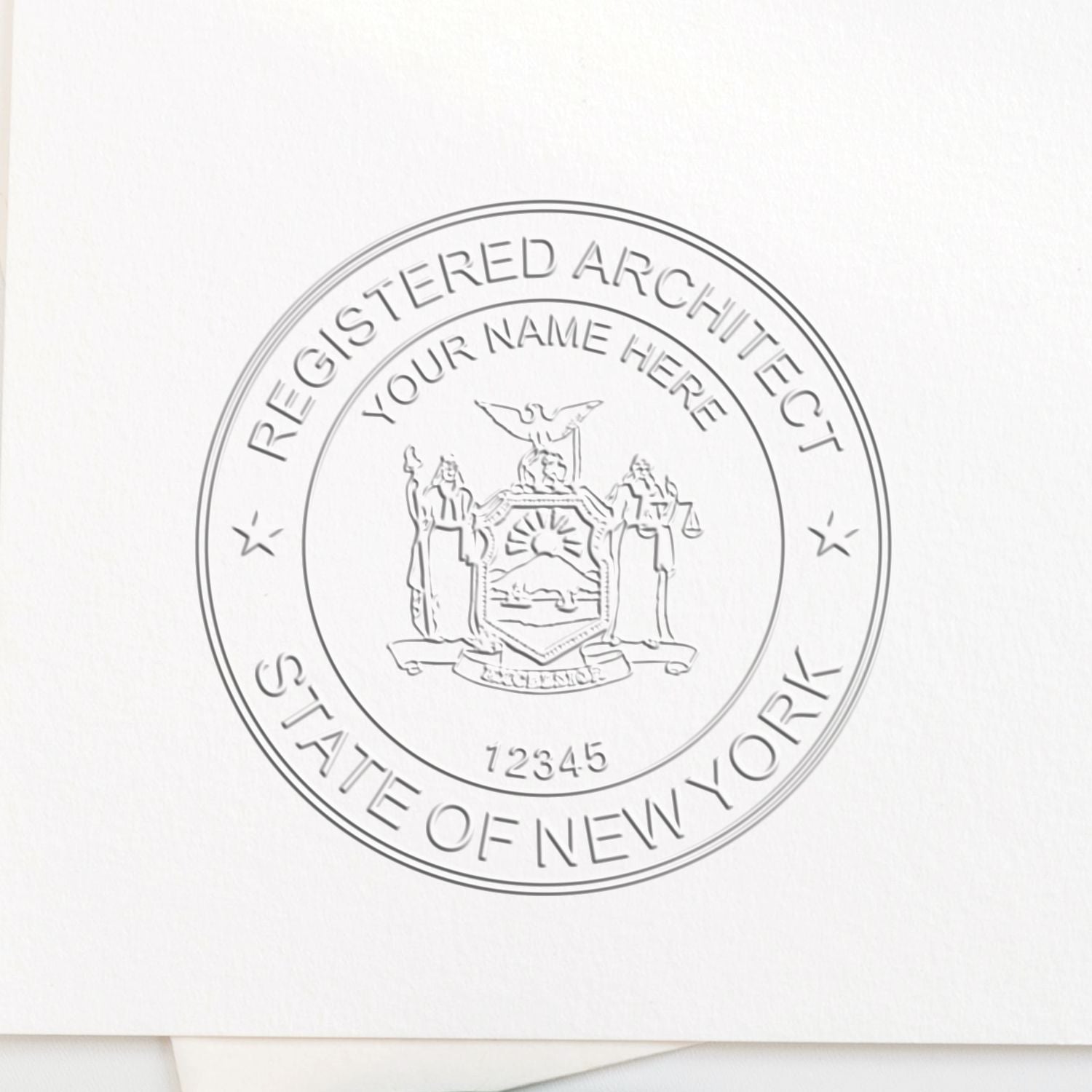 Extended Long Reach New York Architect Seal Embosser in use photo showing a stamped imprint of the Extended Long Reach New York Architect Seal Embosser