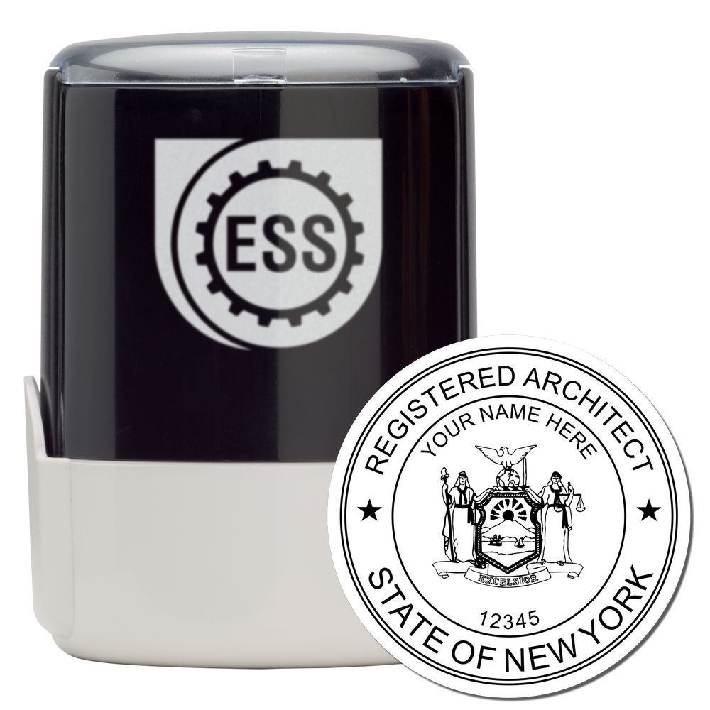 Self Inking New York Architect Stamp with a black and white design, featuring the New York state seal and space for personalized details.