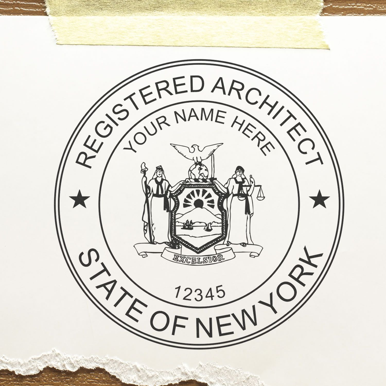 Self Inking New York Architect Stamp with customizable name and registration number on a white paper background.