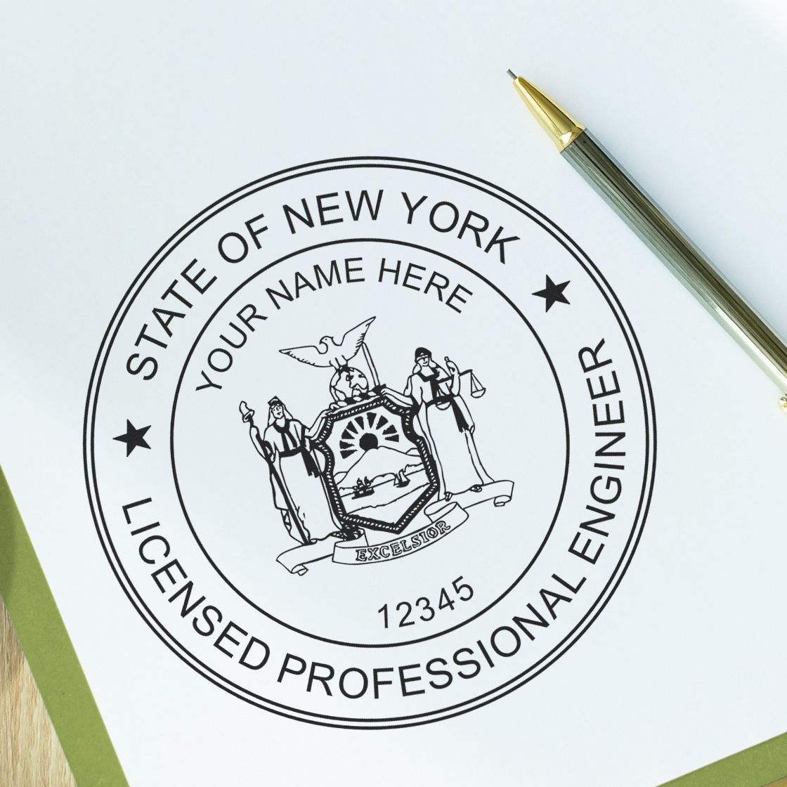 A lifestyle photo showing a stamped image of the Digital New York PE Stamp and Electronic Seal for New York Engineer on a piece of paper